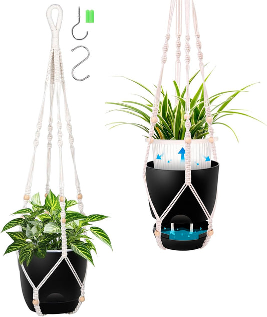 2-Pack 7.1-Inch Self-Watering Hanging Planters for Indoor & Outdoor Plants,34Inch Macrame Hanger Plant Pots Indoor with Drainage,Small Hanging Planters & Baskets,With Two Sets of Hooks（Pure black）