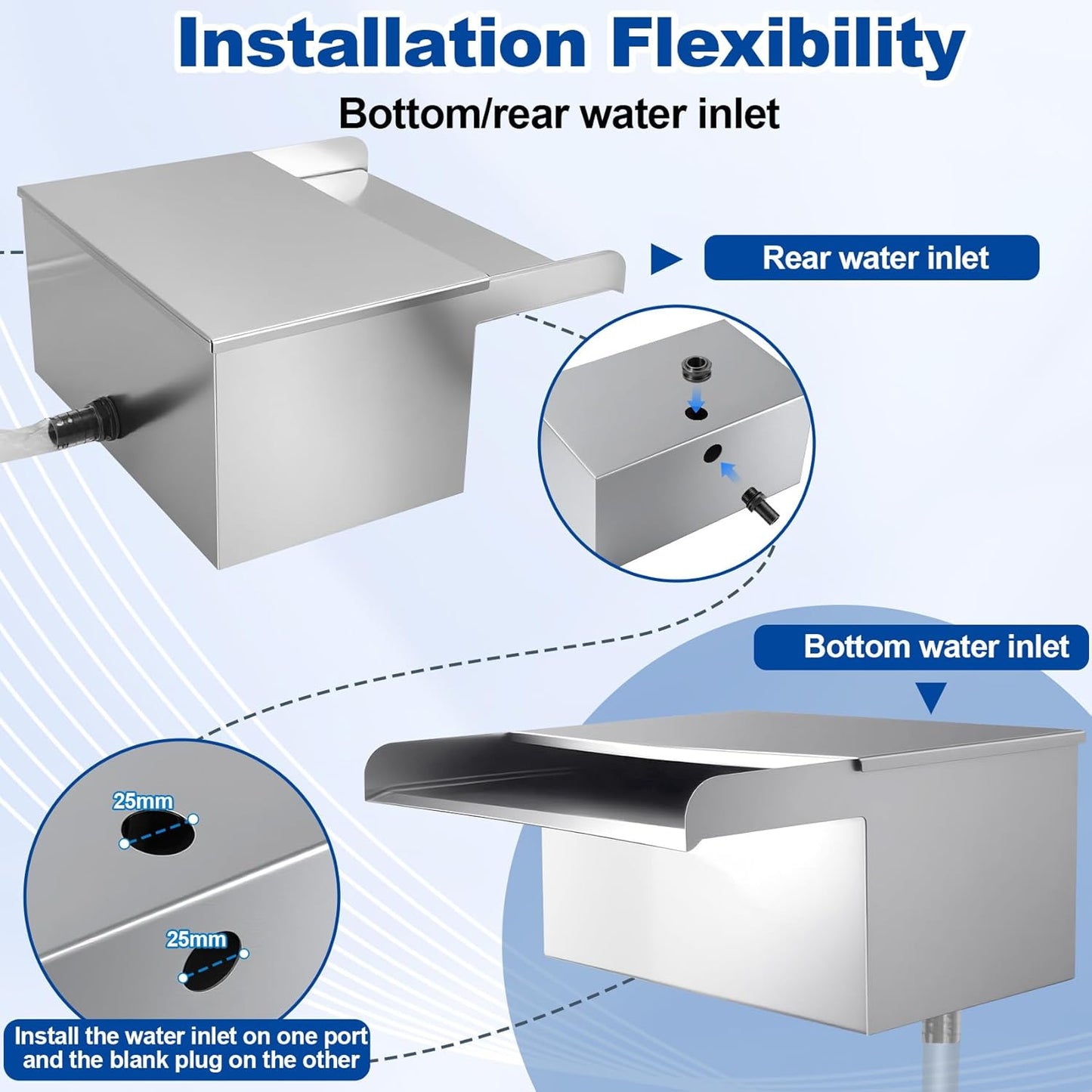 Pond Waterfall with Filter and Pump Kit, 304 Stainless Steel Waterfall Box for Ponds, 11.8in Spillway, 800 GPH Submersible Pump, 9.8' Hose, Sponge Filter, for Garden Pond, Water Feature, Aquaponics