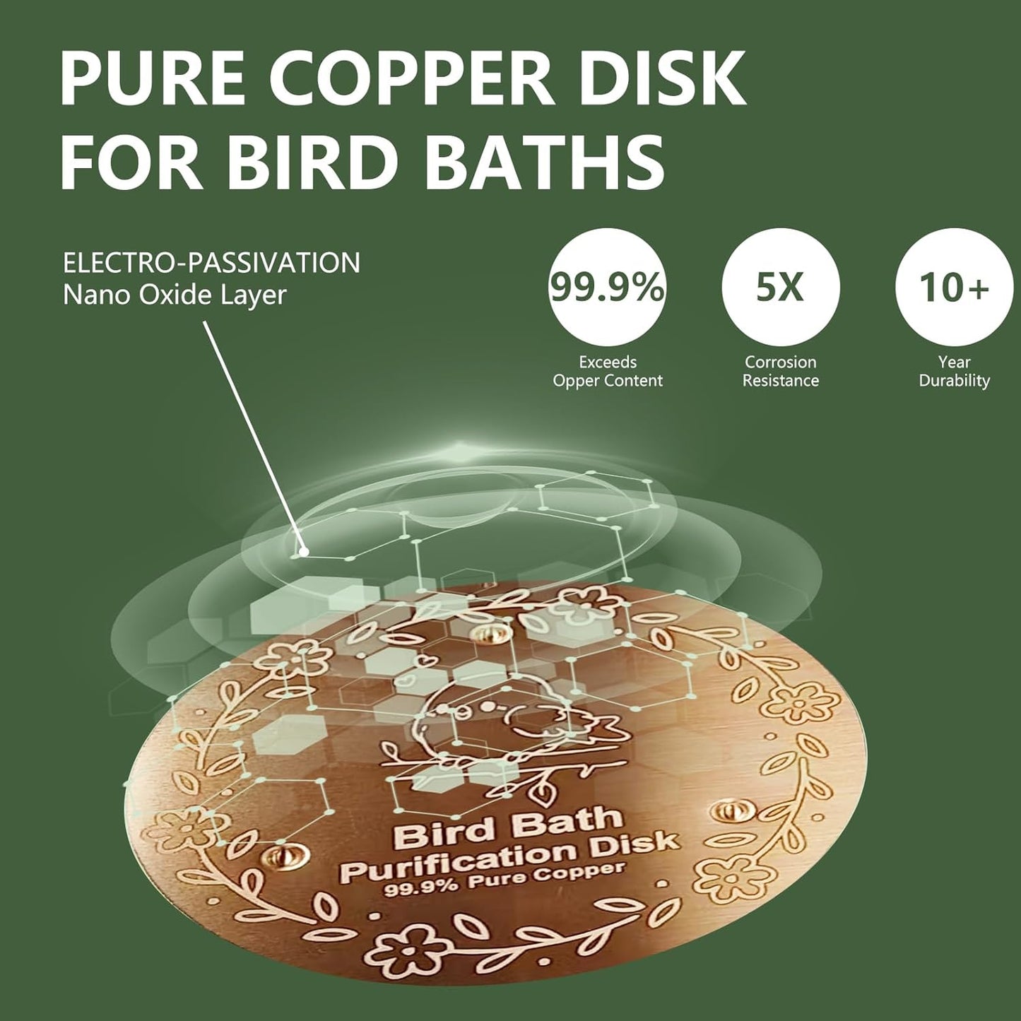 Bird Bath Copper Plate, 4 inches with 0.6mm Thickness, 99.99% Pure Copper Cleaning Plate Three Point Support,Offers Physical Safe Water Purification,Suitable for Outdoor Bird Bath (2 Pack)