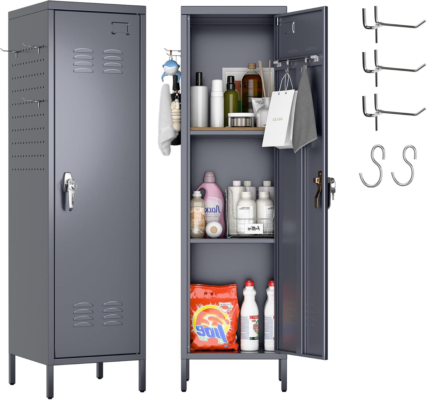 Metal Lockers for Employees with Handle,Metal Storage Locker with 2 Pegboard & 5 Hooks for Gym, School, Office,Home,Garage,Grey