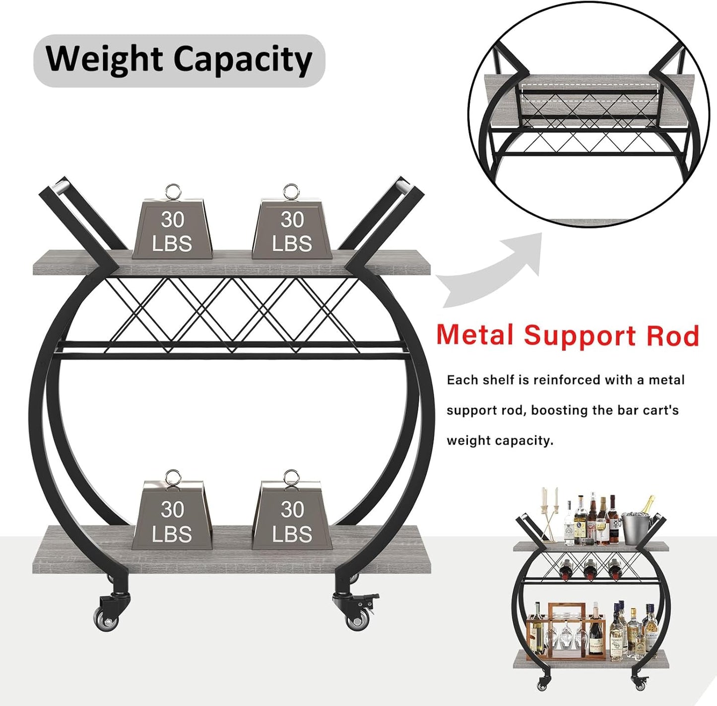 LVB Bar Cart with Wine Rack, 2 Tier Farmhouse Kitchen Cart on Wheels, Modern Wood and Metal Portable Coffee Cart Table for Home, Utility Industrial Mobile Serving Cart with Storage Shelf, Grey Oak