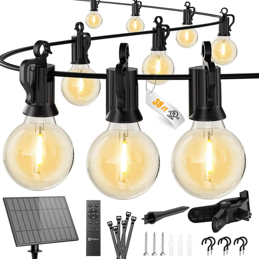 Brightown 38FT Solar String Lights Outdoor with Remote and 16 LED Shatterproof Bulbs, Dimmable & Timable, 3 Light Modes, Solar Patio String Lights Outdoor for Cafe, Garden, Deck, Outside Wedding