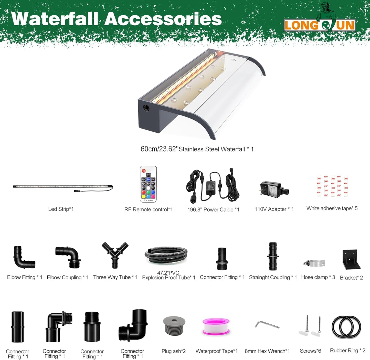 Pool Fountain, LONGRUN Waterfall Spillway for Koi Ponds - 23.6" Transparent Acrylic Waterfall Multi-Color LED Lights for Swimming Pool, Garden Pond, Patios, Spa Decoration