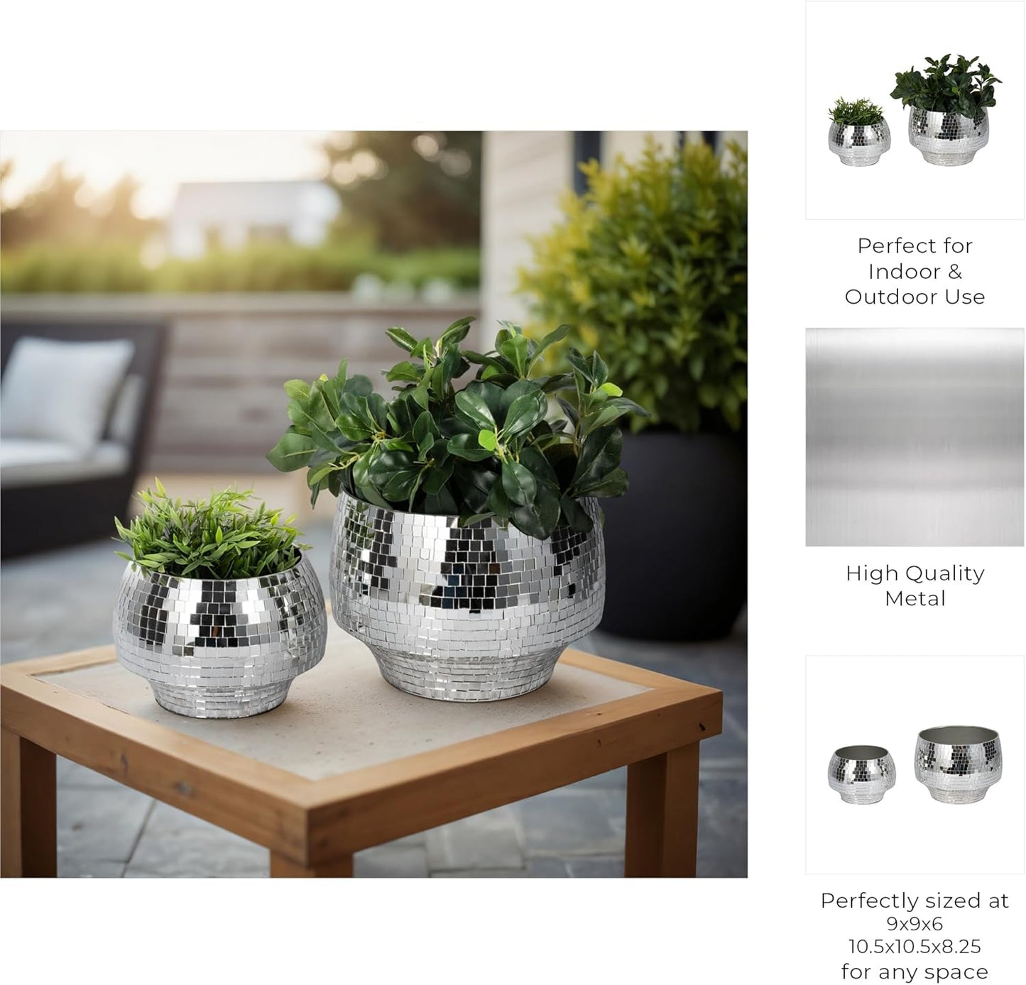 Flower Pots and Planters for Home Decor – Mosaic Indoor and Outdoor Plant Pots for Garden, Patio, or Room – Modern Pots for Indoor Plant Stand for Herbs, Succulents, or Ferns Set of 2 – 8", 6" Silver