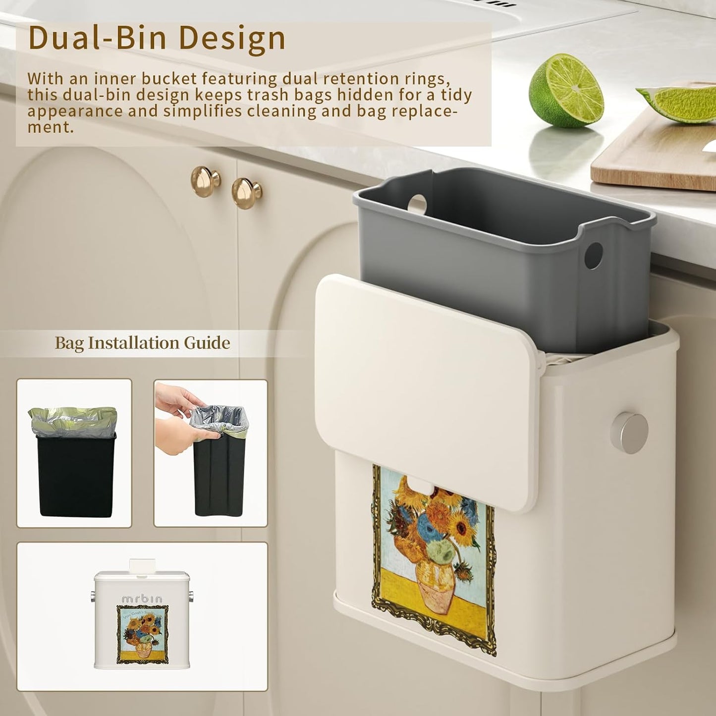 Mrbin Metal Compost Bin Countertop with Lid, Hanging Trash Can for Kitchen Cabinet Door, Wall Mounted Indoor Recycle Basket Food Waste Scrap Dustbin for Kitchen Under Sink with Inner Bucket, Sunflower