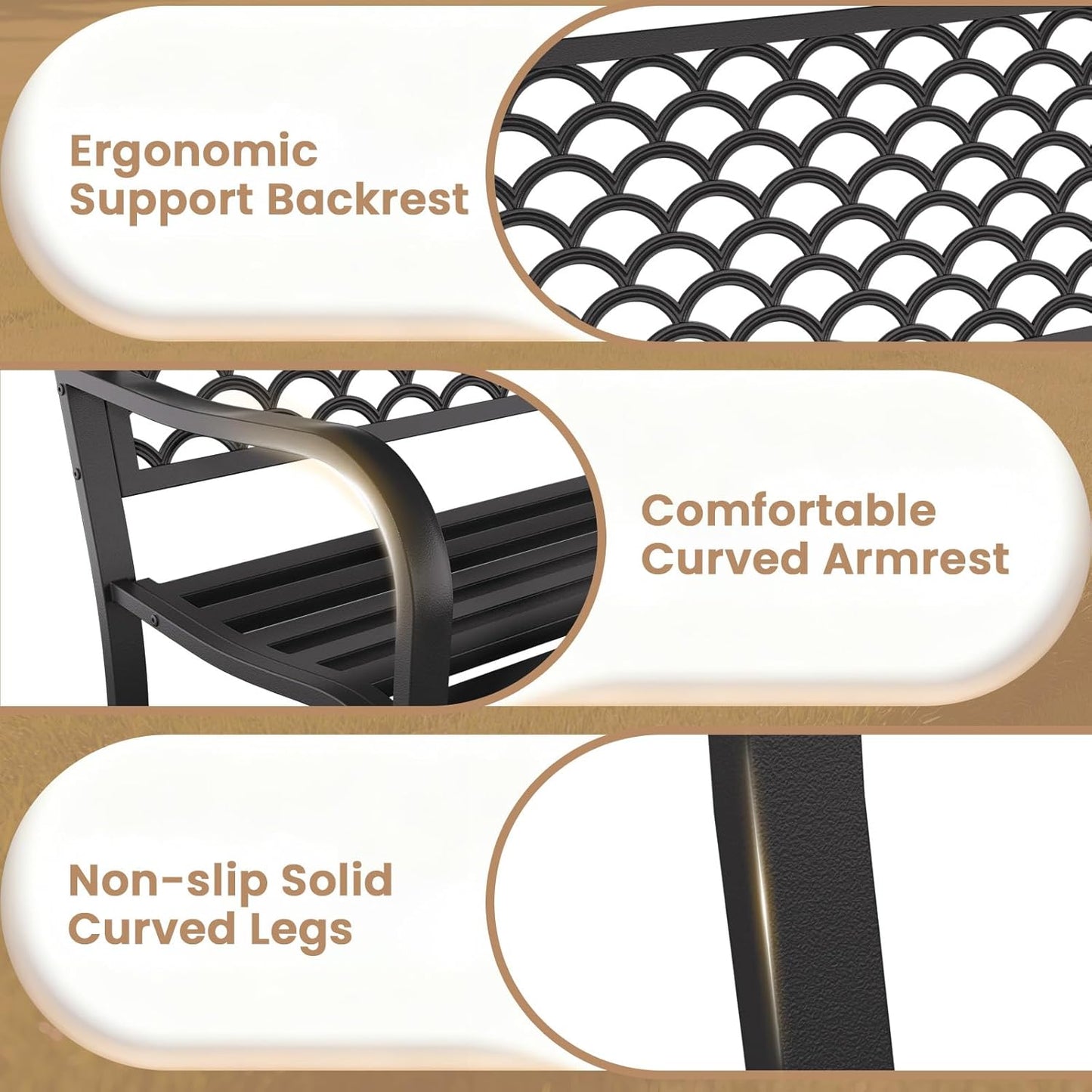 50'' Outdoor Garden Bench, Weatherproof Wrought Iron Metal Patio Bench with Mesh Pattern Backrest, for Front Porch, Park, Yard, Gardens