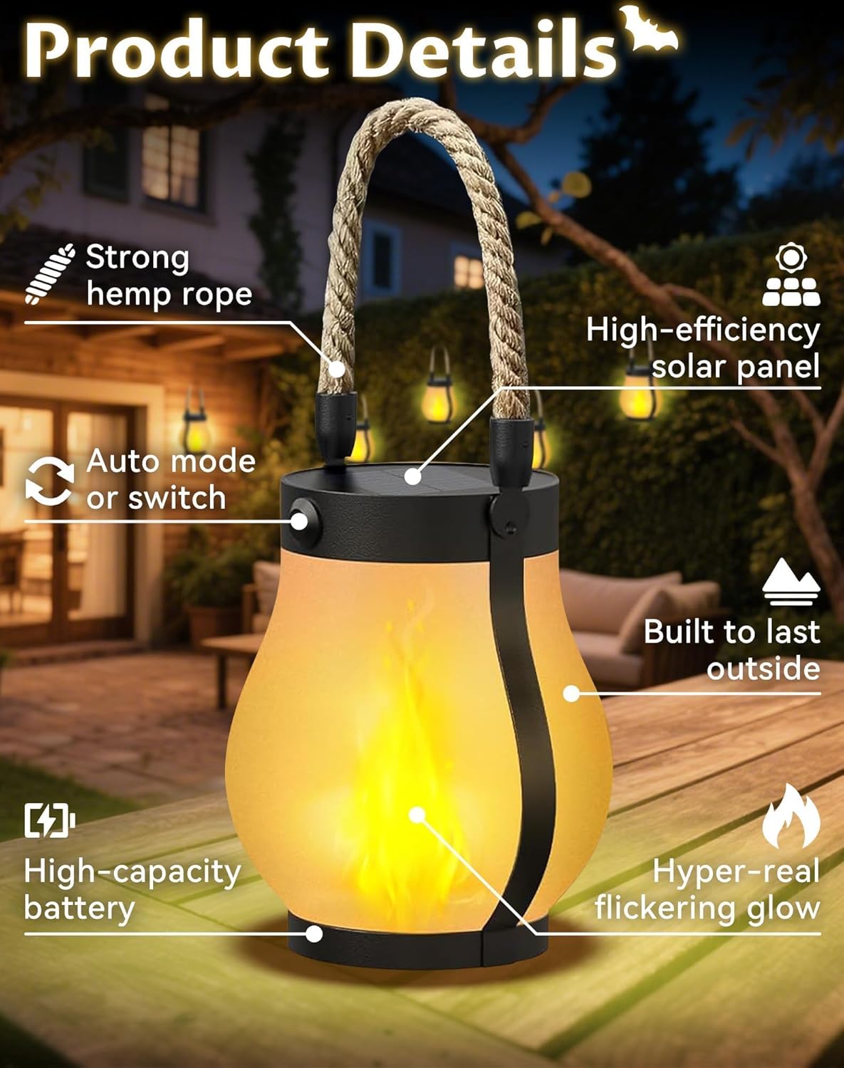 Kaliqo Solar Lanterns Outdoor Lights, Hemp Rope Flame Lights, Dancing Flame Solar Lights,It is Suitable for Outdoor Camping, Home Garden Decoration, Etc. (1)