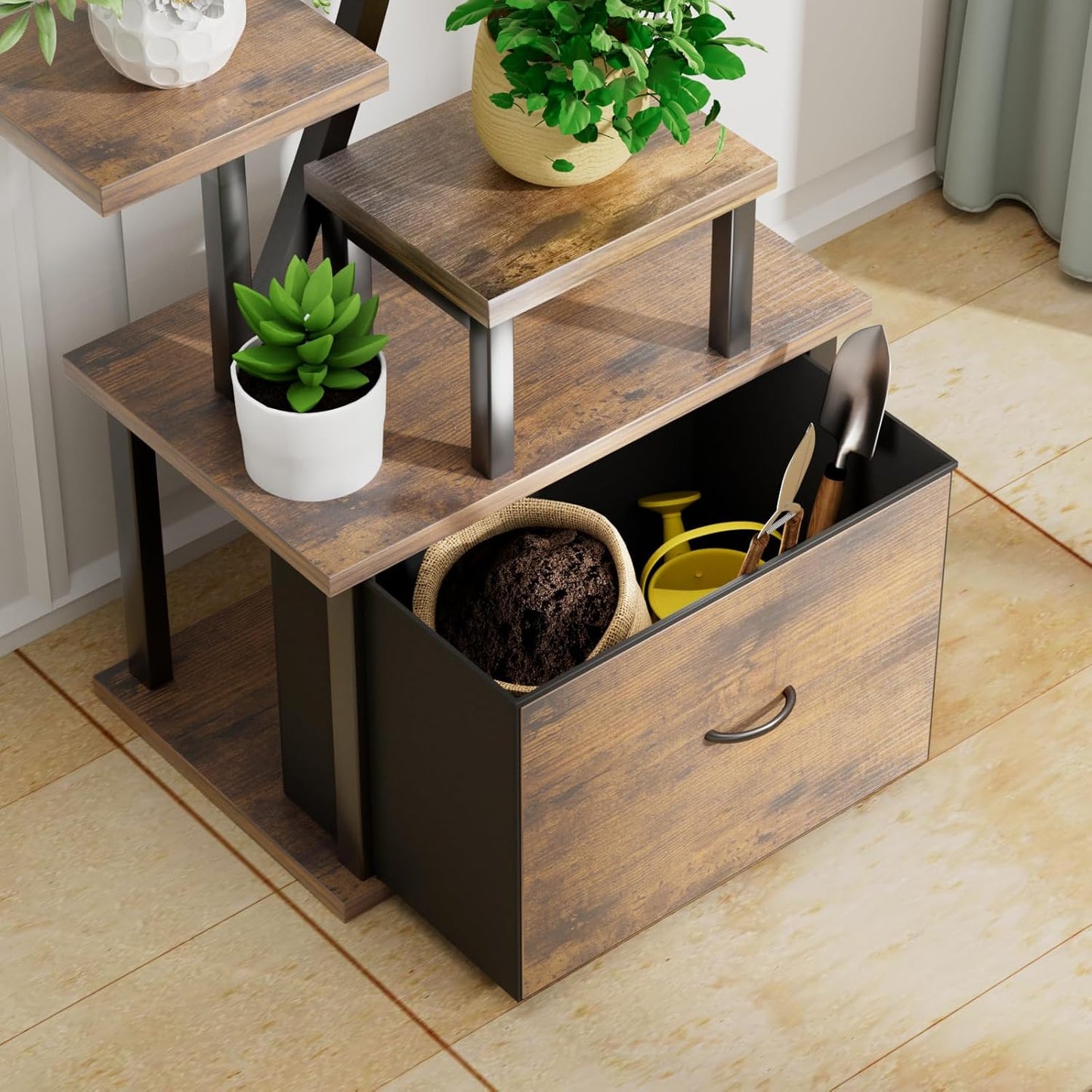 10-Tier Tall Plant Stand Indoor with Grow Lights, 65" Corner Plant Shelf with Storage Drawer, Metal Plant Rack for Multiple Plants, Waterproof & Sturdy Display Holder for Living Room, Patio