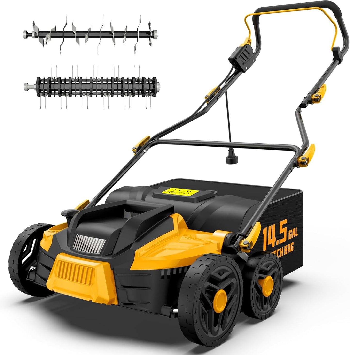 16-Inch 15.5 Amp 2-in-1 Electric Dethatcher and Scarifier, Lawn Dethatcher Rake with 14.5-Gallon Removable Thatch Bag, 5-Position Adiustment, Quick-Fold, Keeps Lawn Healthy - Yellow