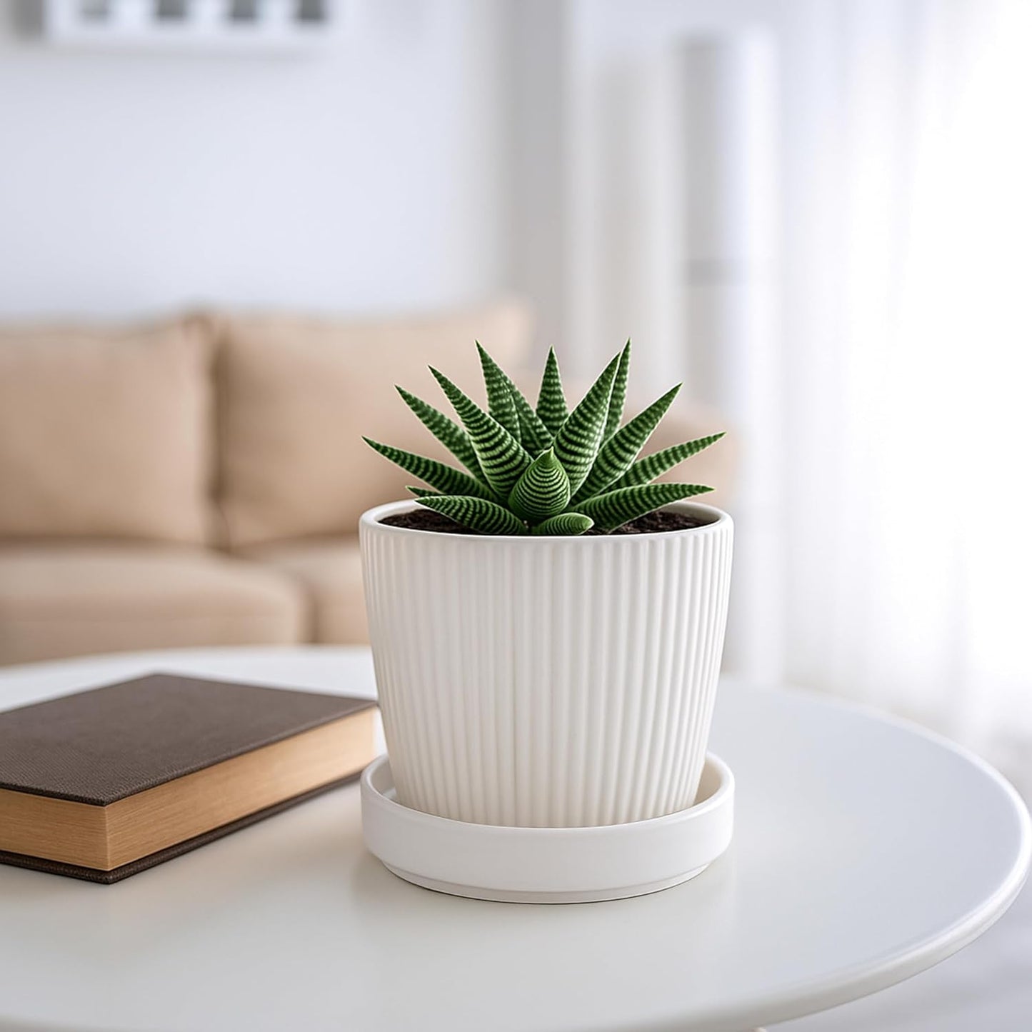 D'vine Dev Modern Round 3.7 Inch Ceramic Plant Pot Saucer, Planter Pot Drainage Tray for Indoor Plants, Set of 4, Matte White, 97-T-A-11