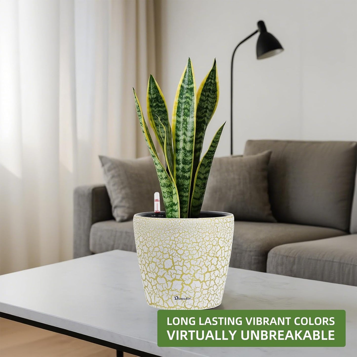 Dexceder 9x8 Inches Self Watering Planter Indoor Outdoor, Inner Pot Design, Thickened Table Flower Plant Pot with Water Level Indicator (White Gold Crackle)