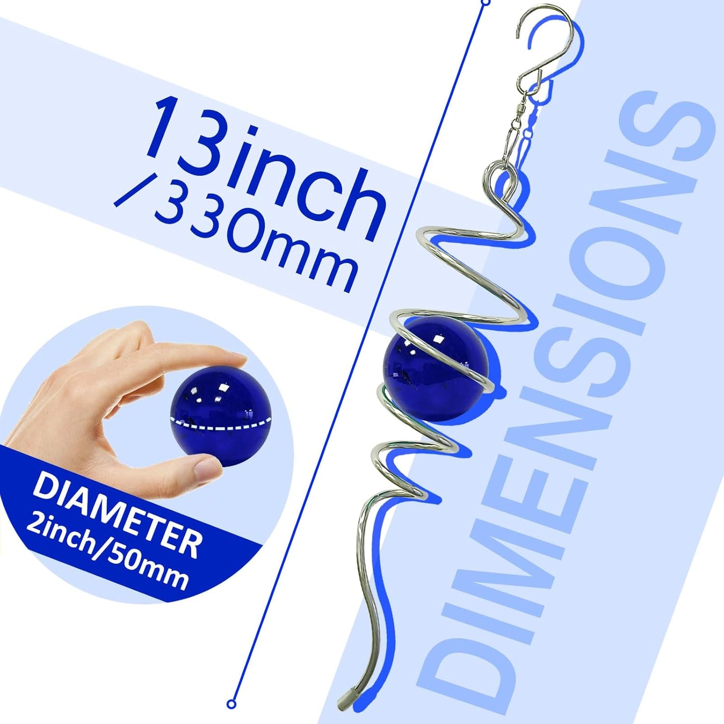 Gazing Ball Spiral Tail,Wind Spinner Tail with Dark Blue Glass Orb,Wind Spinners Stabilizer,Visual Illusion in Spinning Hanging Rotating Art Decor,Indoor Outdoor Garden Decoration-13in