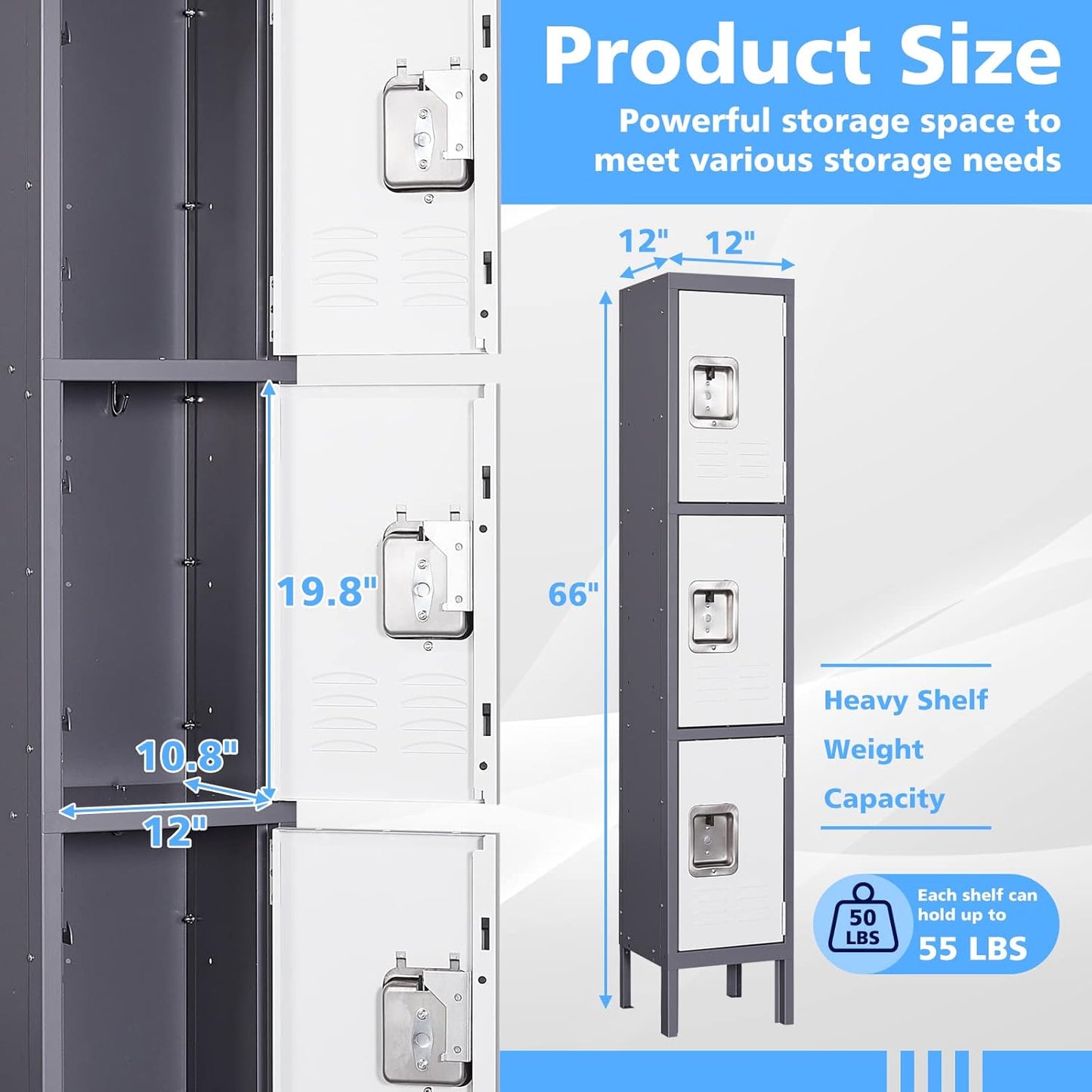 Letaya Storage Locker,66" Employees Metal Cabinet 3 Door Lockable for School Gym Home Office Staff