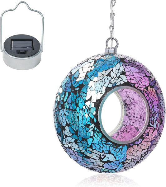 VCUTEKA Mosaic Bird Feeder Solar Fly Through Birdfeeder for Outside Hanging Round Shape Glass Container to Attract More Wild Bird Feeders for Garden Decor as Gift for Bird Lovers, 8-Inch