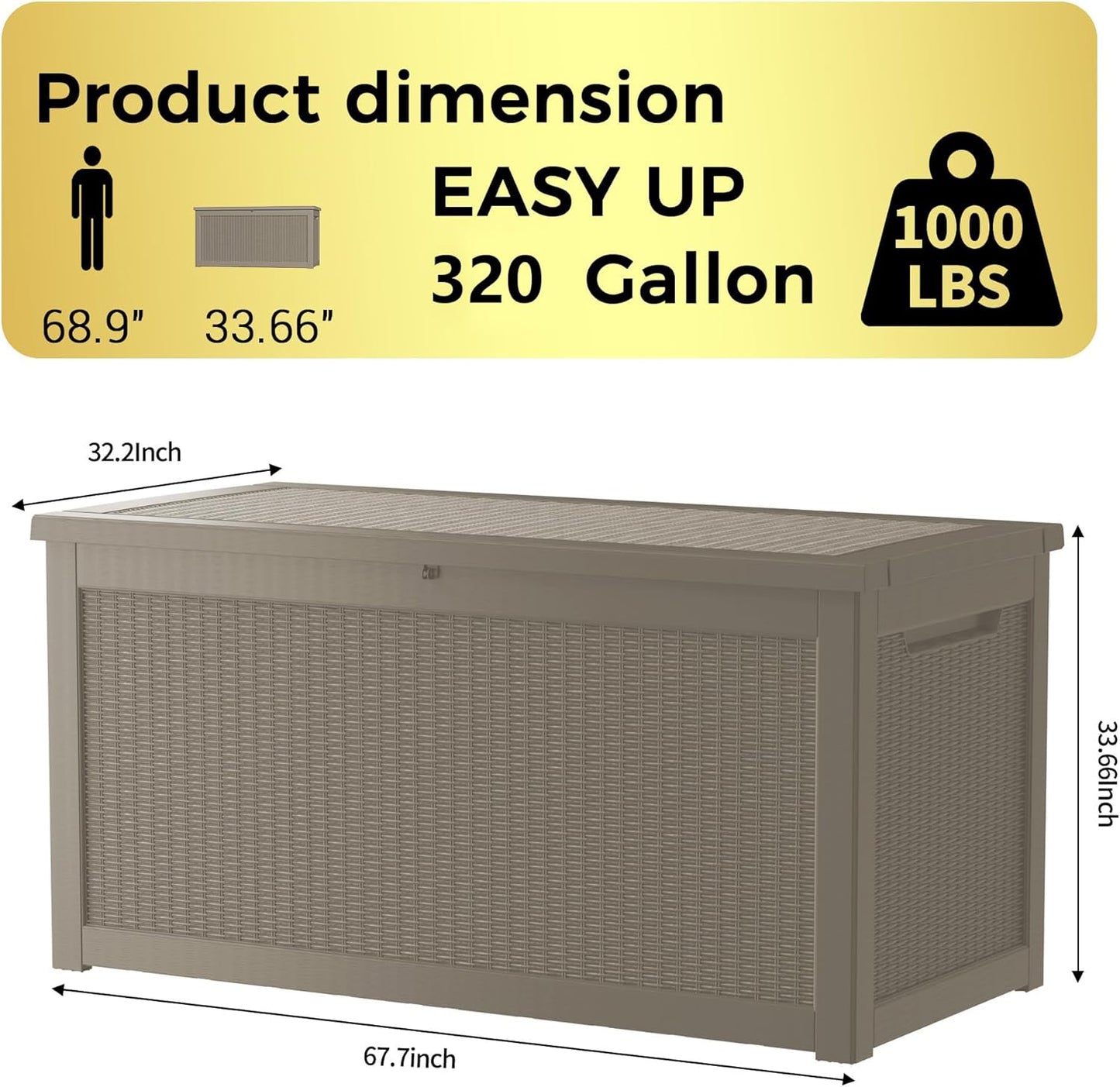 320 Gallon Lockable Resin Deck Box, Waterproof & UV-Resistant Outdoor Storage Box for Outdoor Cushion Storage, Garden Tools & Pool Accessories Storage, Gray