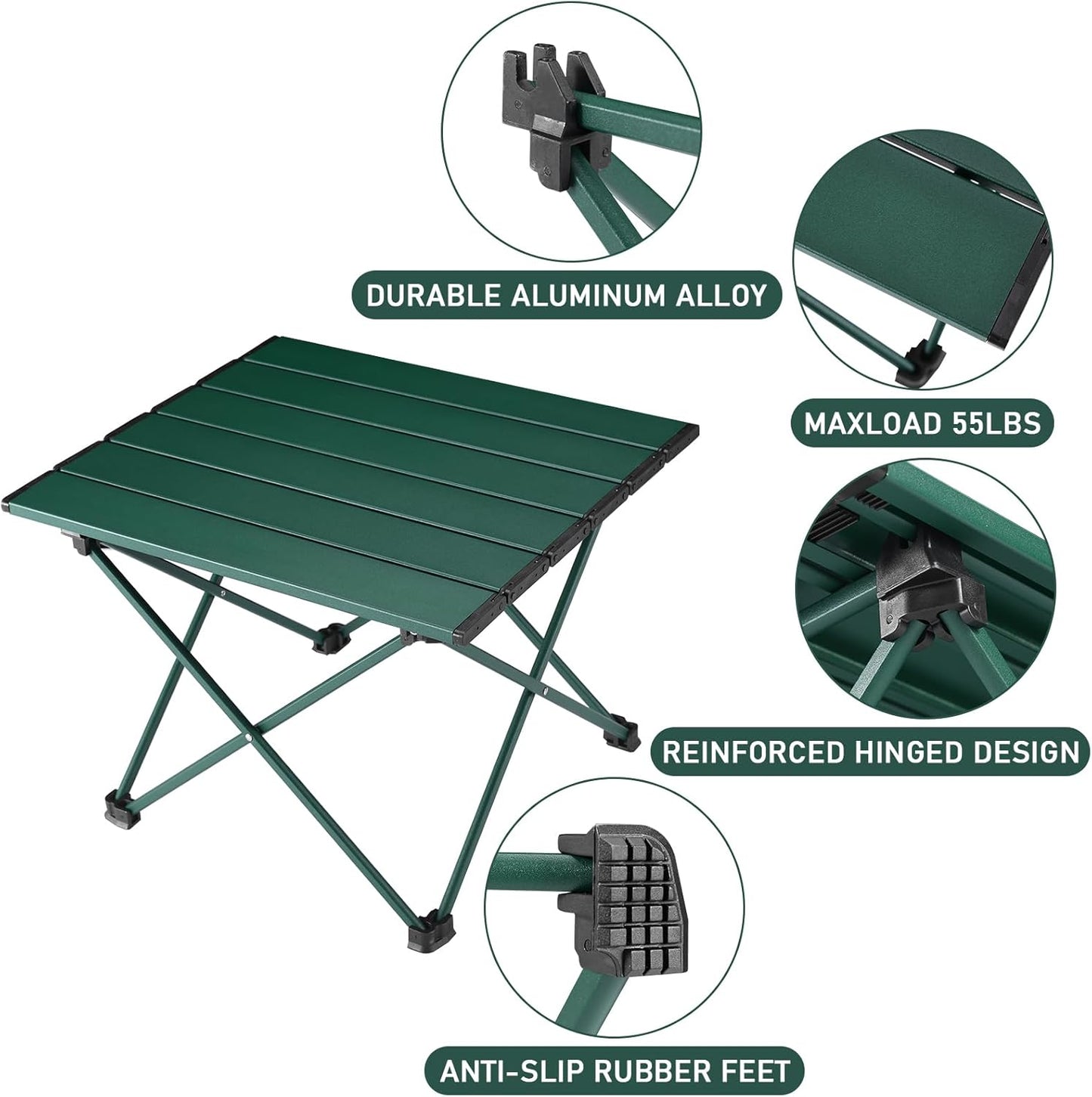 Tesouro Portable Camping Table,Folding Side Table Aluminum Top for Outdoor Cooking, Hiking, Travel, Picnic (Blackish Green-Large)