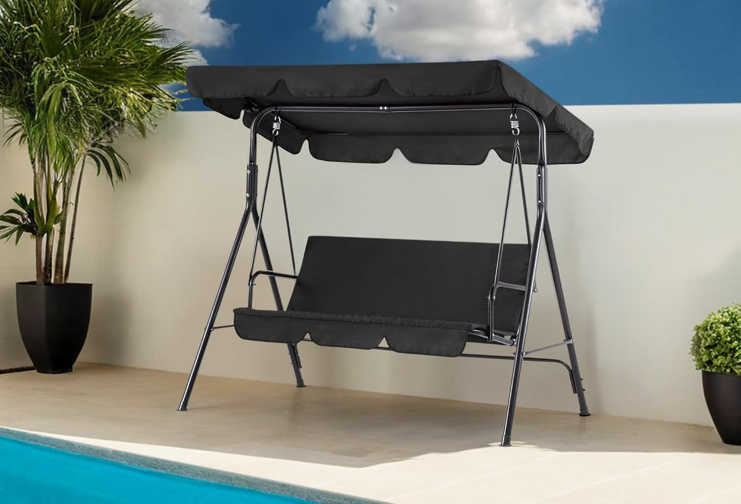 MCombo 2-3 Person Outdoor Patio Swing Chair, Convertible Canopy Hanging Swing Glider Lounge Chair, Removable Cushions, 4003 (Black)