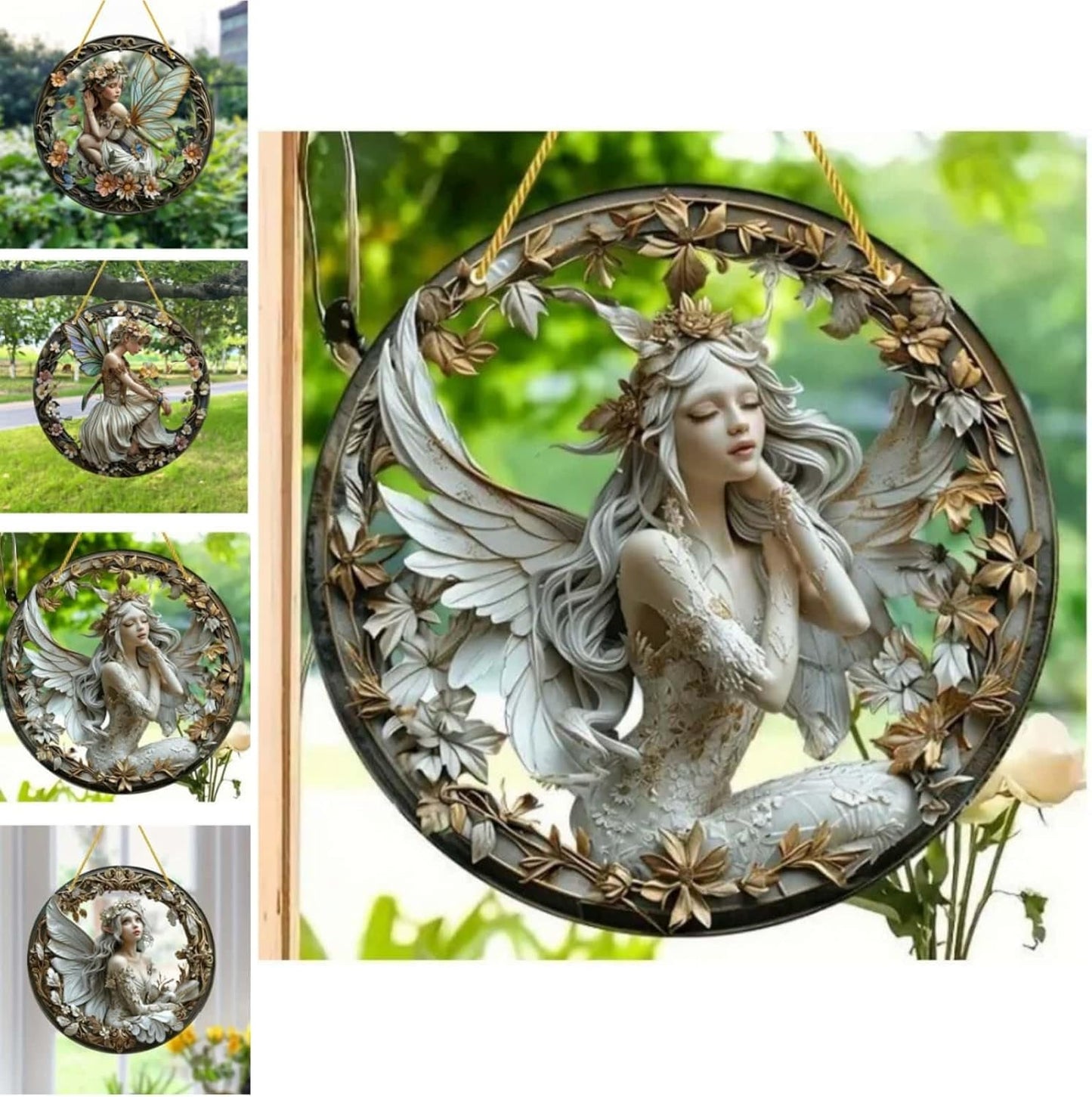 Flower Fairy Garden Decorations Angel Wing Christmas Halloween Deco Statue Art Elf Sculpture Hanging Craft for Outdoor Yard Courtyard Lawn Patio Window Acrylic Ornament Home Gift (C,L: 8*8 IN)