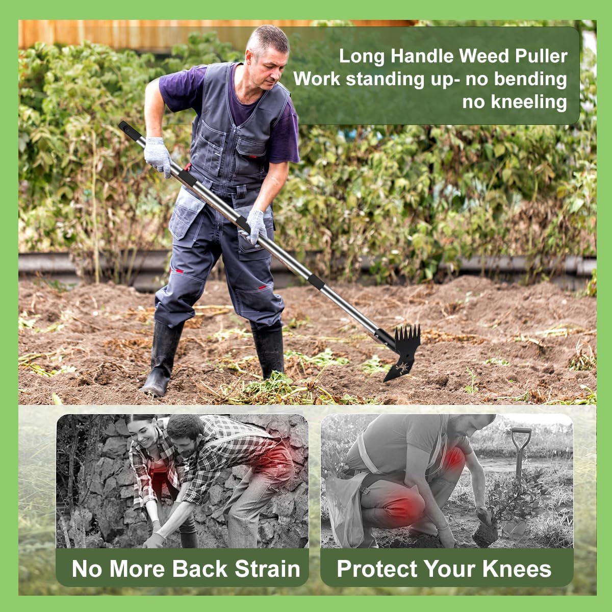 Weed Puller Tool with Long Handle, 60inch Manual Weeder Remover Tool, Stainless Steel 2 in 1 Hand Weed Rake for Gardening, Heavy Duty Uprooting Weeding Pull for Garden, Lawn,Yard, Patio