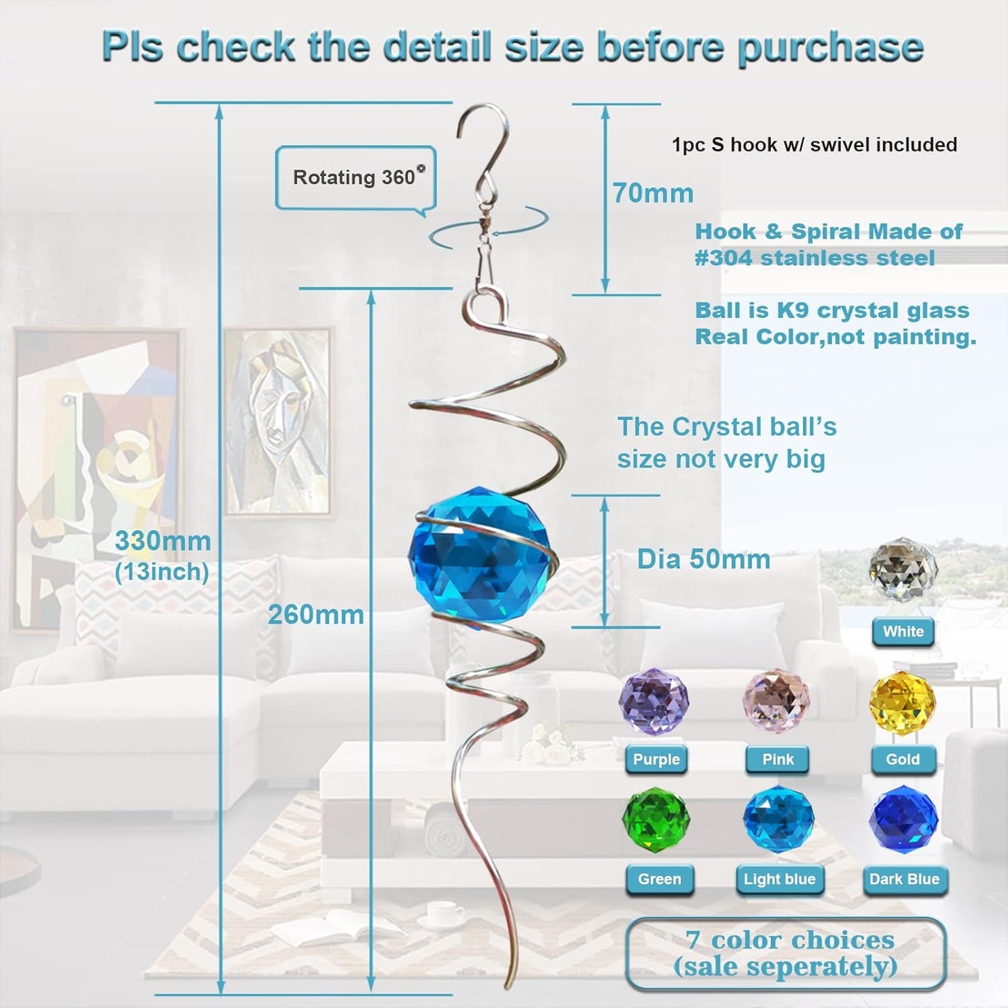 Fonmy Gazing Ball Spiral Tail -Decorative Wind Spinner Sun Catcher Rainbow Maker 11 inch Tail and 2 inch Peacock Blue Crystal Orb. Indoor Outdoor Garden Decoration -13 inch Height