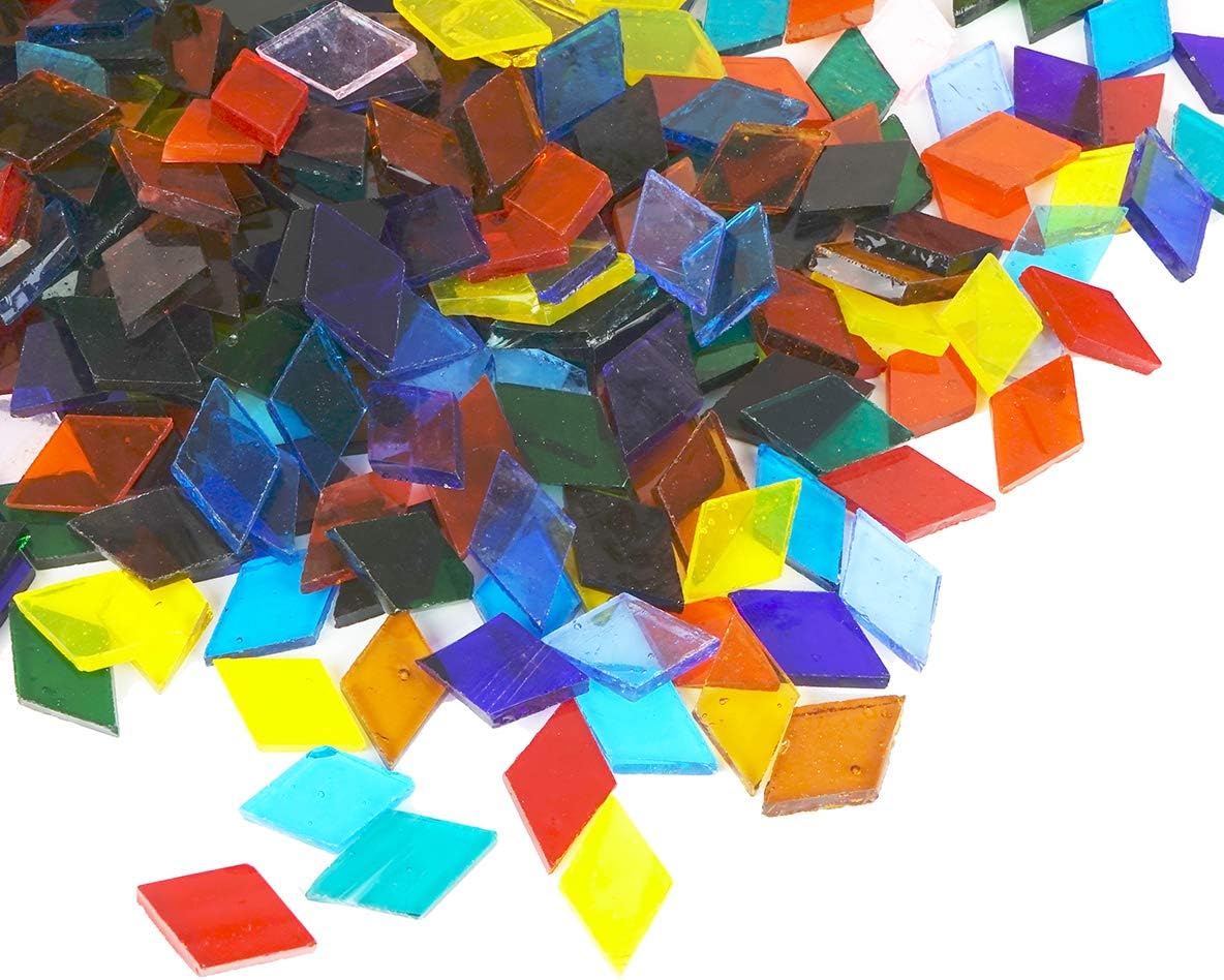 Lanyani Diamond Transparent Glass Mosaic Tiles, Rainbow Cathedral Stained Glass Sheets Pieces for Crafts, Assorted Colors, 17oz