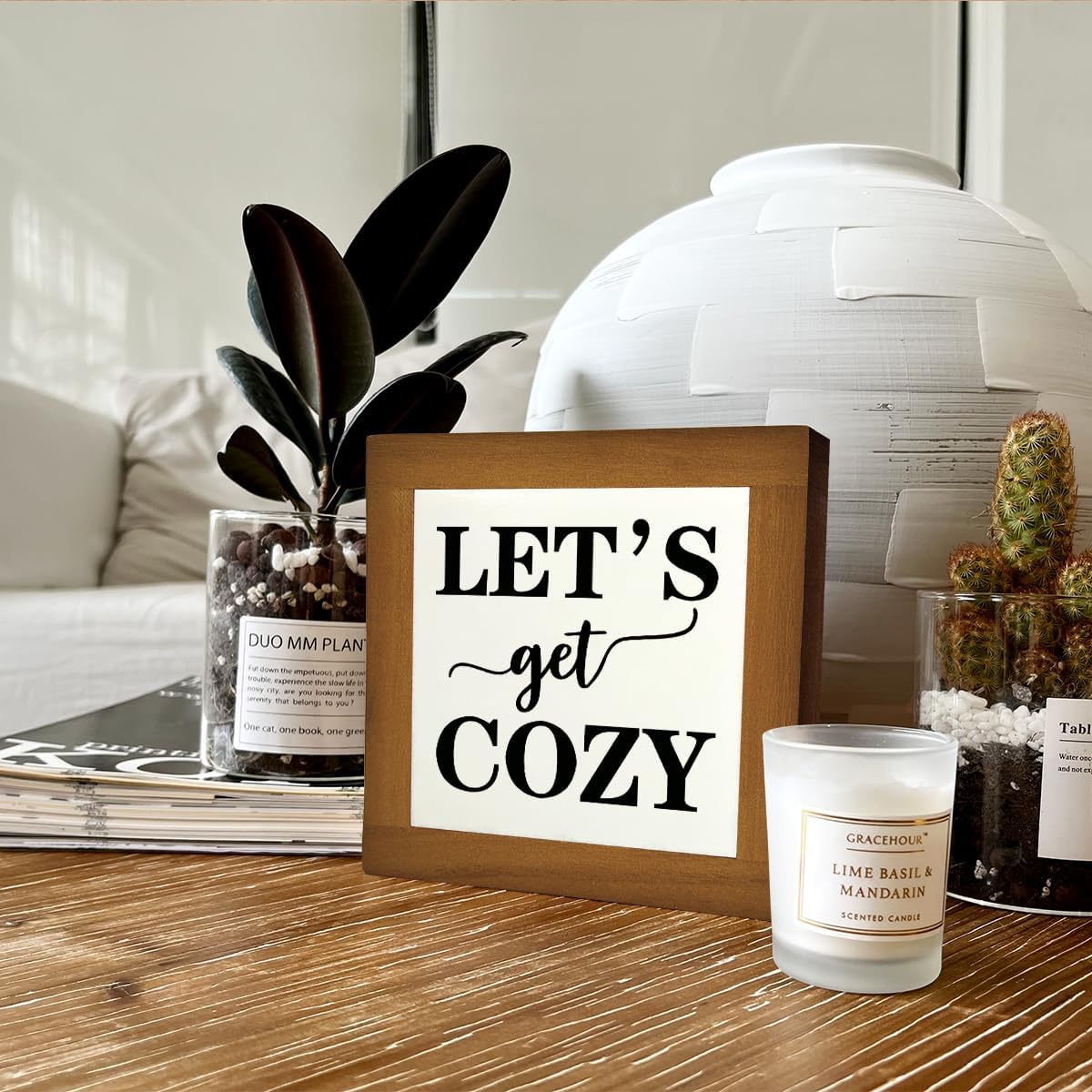 Inspirational Wood Signs, Box Wood Plaques Desk Décor, Farmhouse Home Decor Sign for Shelf, Family Table Decor for Kitchen Bedroom Dining Room, Living Room Decor, Housewarming Gift, Let's Get Cozy F