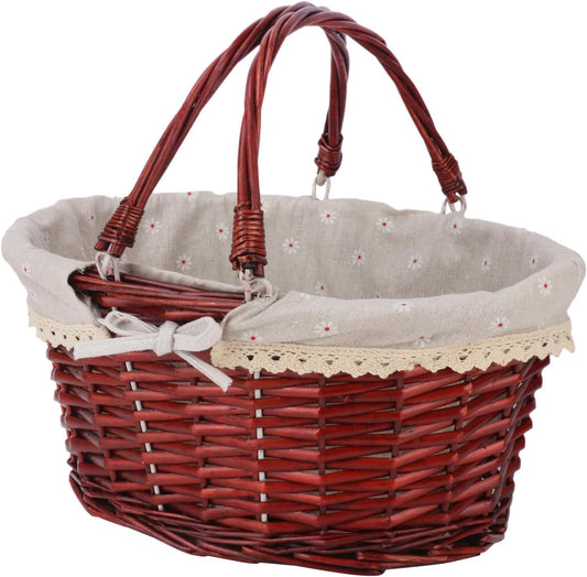 Brown Wicker Basket with Linen Lining, 14 Inch Large Wicker Woven Picnic Basket with Handle for Picnic, Camping, Outdoor Party