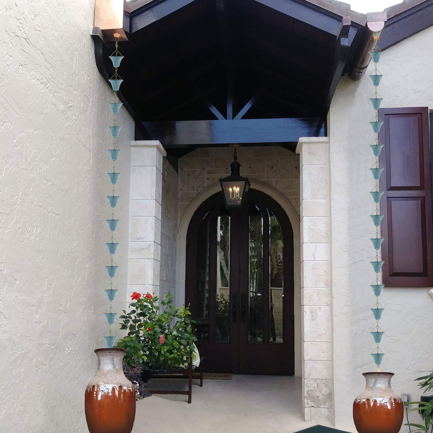 8.5FT Bell Iron Rain Chains for Gutter and Rain Barrel, Rust-Resistant Plated Garden Décor for Downspout, Bonus Rain Chain Gutter Adapter (Antique-Blue)