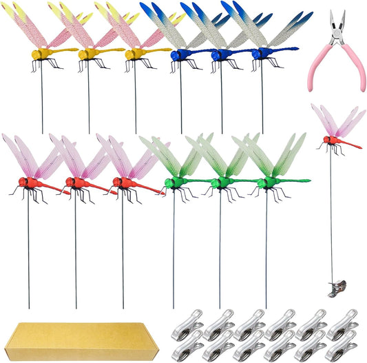 Jongdari 12 Sets Dragonfly Hat Clip Realistic Fake Dragonflies Clip-On Garden Outdoor Decor Stakes Plastic Dragon Fly Clips Plant Decorations for Pots, Includes Pliers & Clips