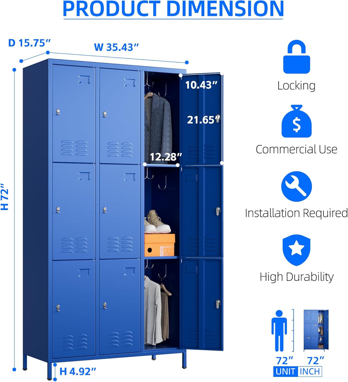 9 Doors Metal Locker for Employees with 27 Hooks and Business Card Holder,Metal Locker with Ventilation Holes for School Garage Office Gym Home,Assembly Required,Blue