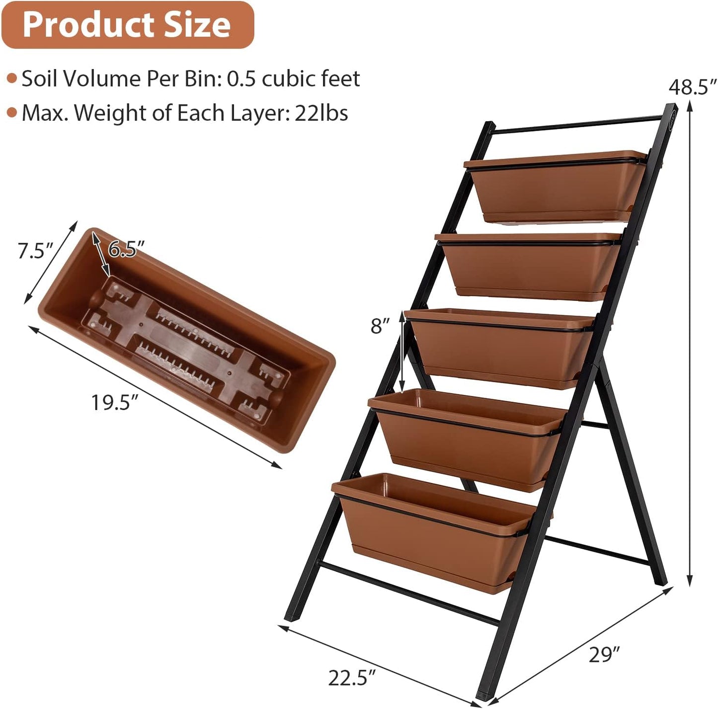 Giantex Vertical Planter Raised Bed, Elevated Garden Beds with Water Drainage Hole, Freestanding 5 Container Boxes for Herb Vegetables Flowers Growing, Outdoor Indoor Patio Balcony (Brown, 1)