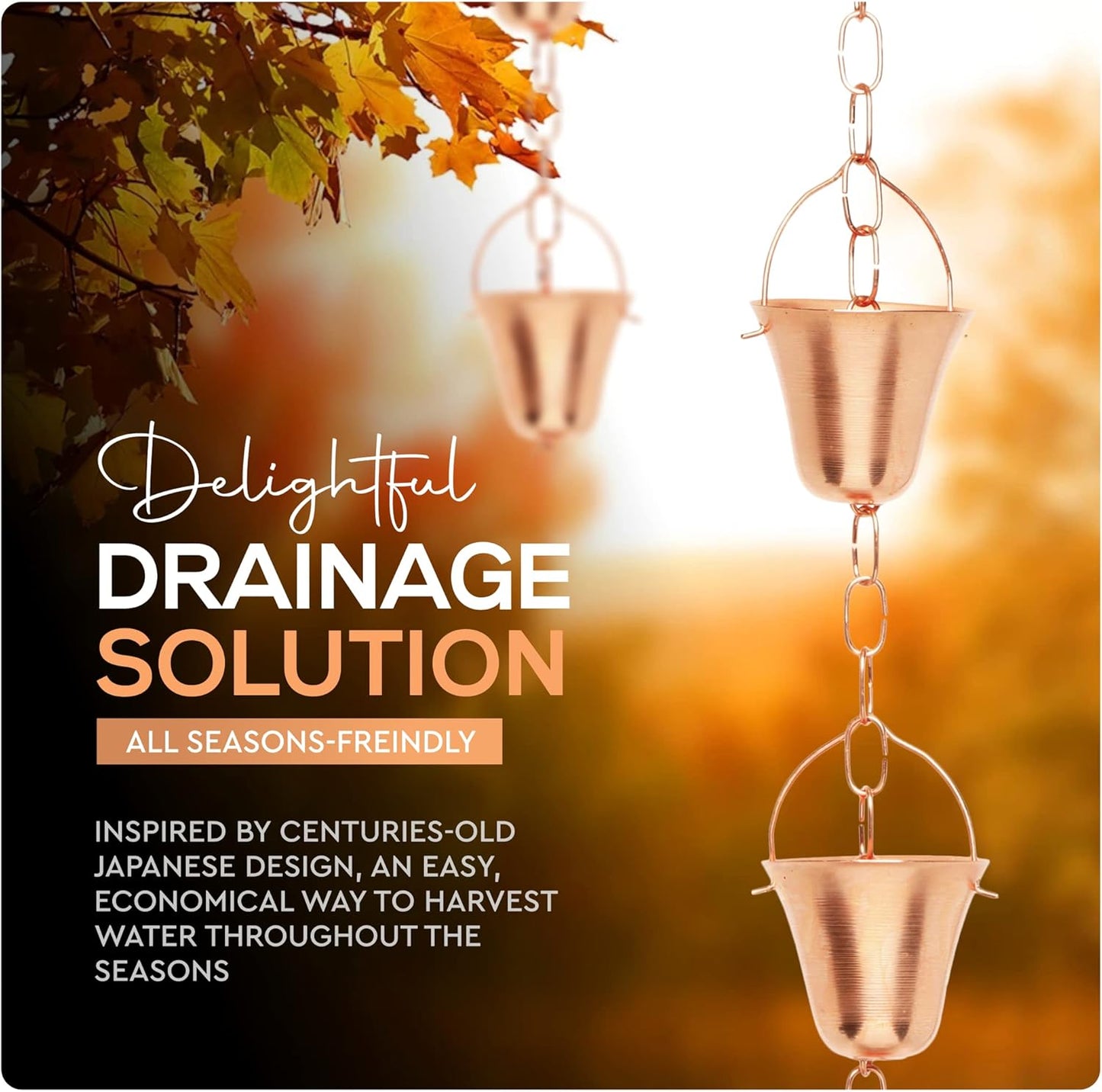 Copper Rain Chain – Decorative Chimes & Cups Replace Gutter Downspout & Divert Water Away from Home for Stunning Fountain Display – 3’ Long for Universal Fit – Bell Style
