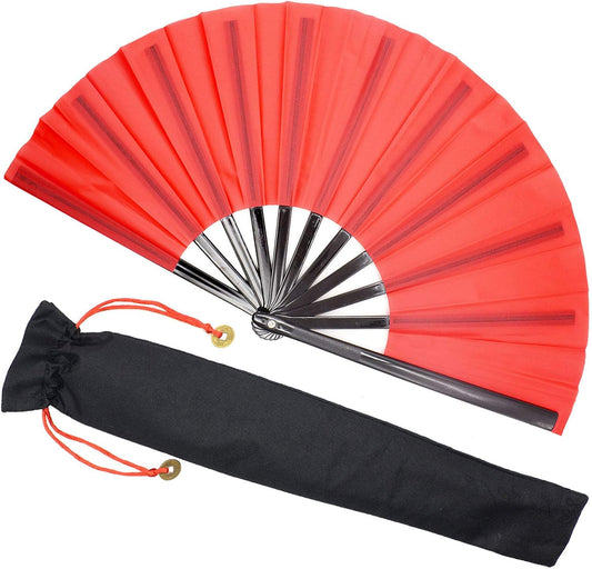 Zolee Large Rave Folding Hand Fan for Men/Women - Chinese Japanese Solid Kung Fu Tai Chi Handheld Fan with Fabric Case - for EDM, Music Festival, Club, Event, Party, Dance, Performance, Gift (Red)