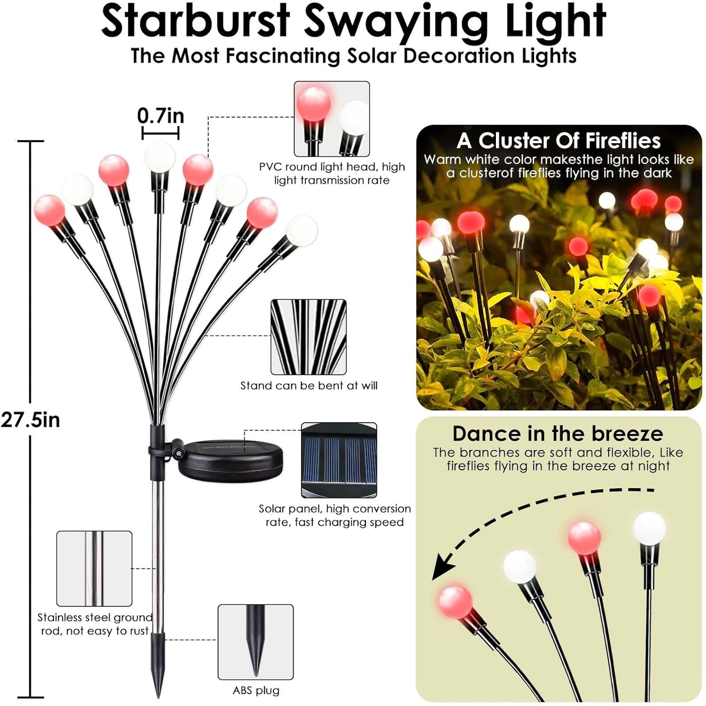 BOSSERN 2025 Red and White Solar Firefly Lights, 6 Pack Outdoor Waterproof Twinkle Swaying Fairy Lights for Yard Christmas Decorations (Cool White Red)