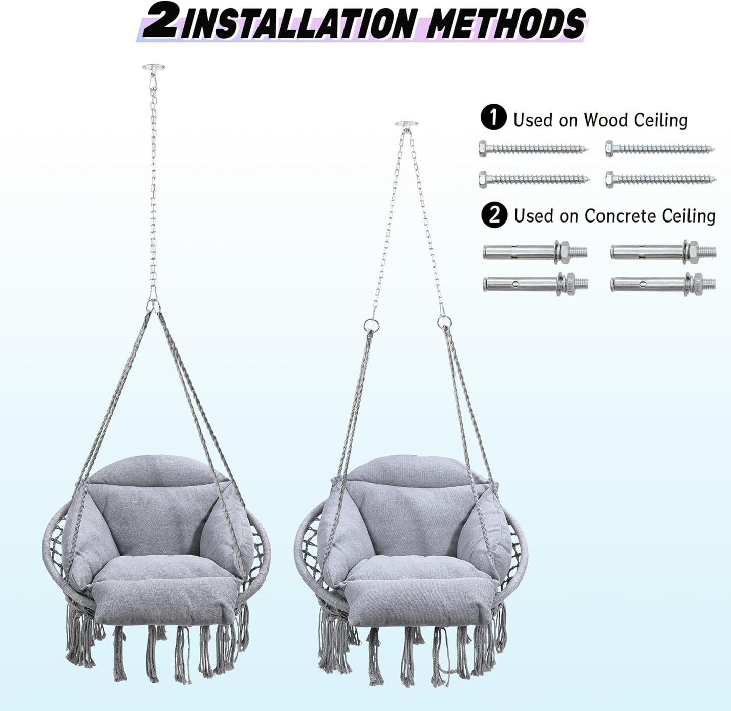 Macrame Hammock Hanging Swinging Chair with Oversized Cushion, Perfect for Bedroom, Porch, Kids, Adults, Balcony, Grey