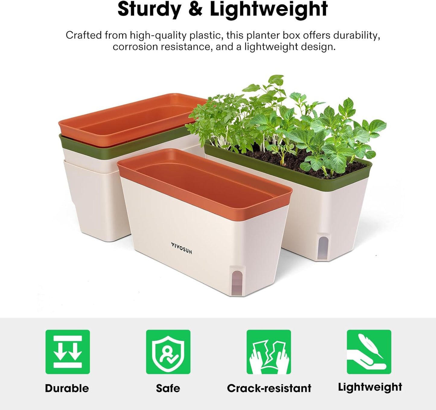 VIVOSUN Self-Watering Planters, 4-Pack 10.5 Inch Compact Rectangular Window Herb Planter Box with 10 PCS Plant Labels, Plant Container for Basil, Flowers, Succulents, Indoor & Outdoor