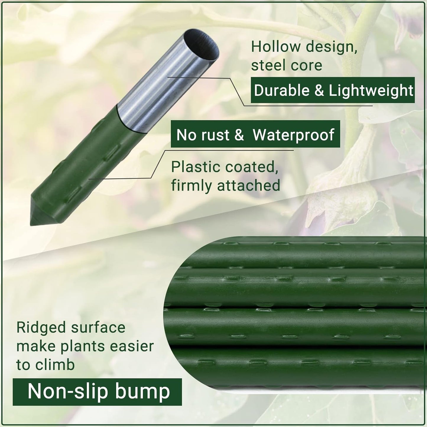 Garden Stakes 48'' Plant Sticks, 50PCS Plastic Coated Steel 4ft Plant Stakes Support for Growing Climbing Plants, Tomato Stakes Gardening Supplies