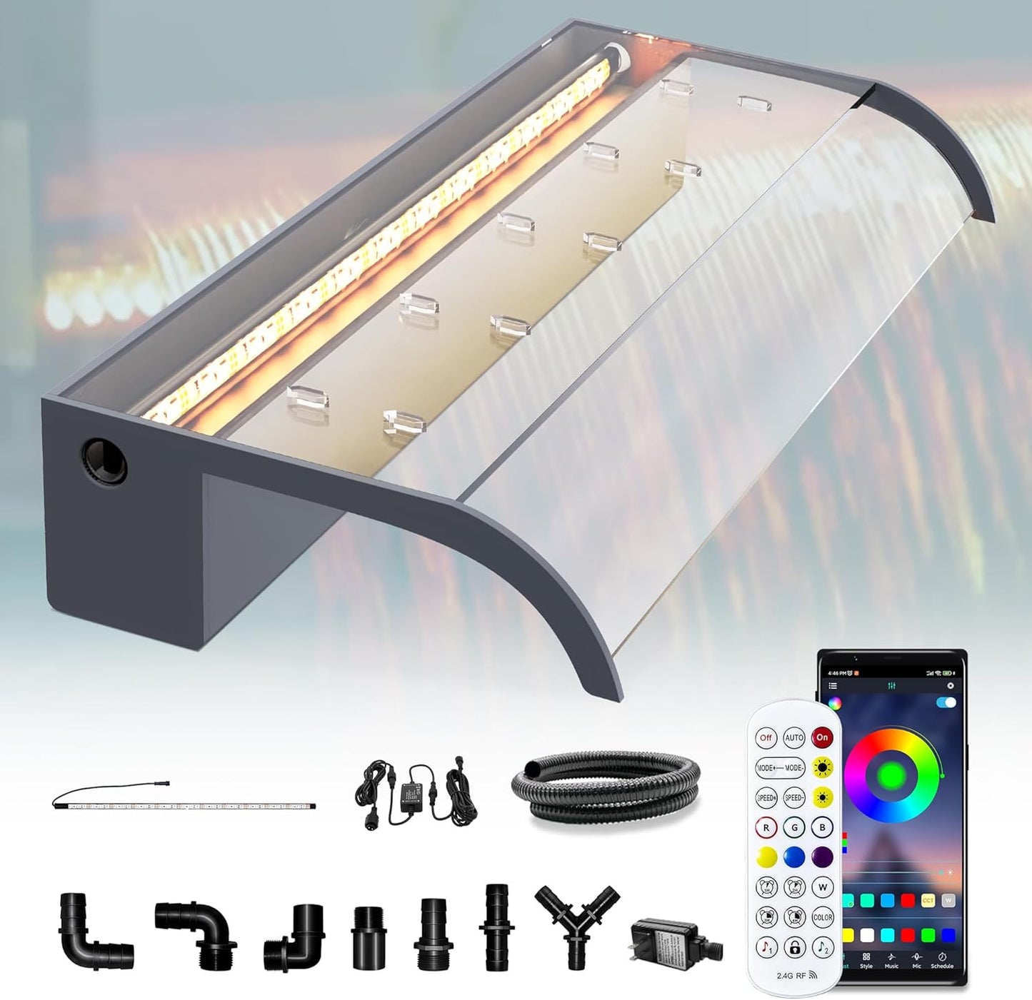 Pool Fountain, LONGRUN Waterfall Spillway for Koi Ponds - 23.6" Transparent Acrylic Waterfall with APP Control & Multi-Color LED Lights for Swimming Pool, Garden Pond, Patios, Spa Decoration