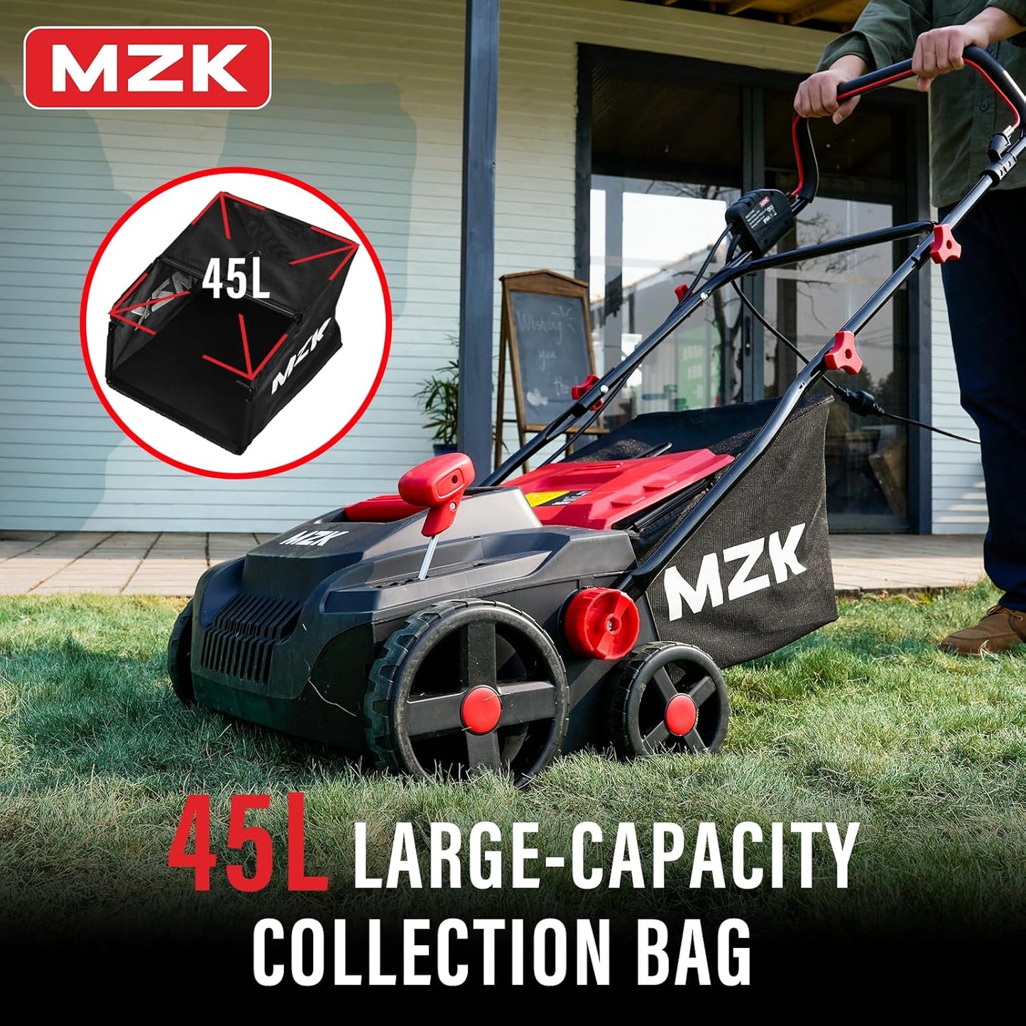 MZK 15-inch 2-in-1 Electric Dethatcher and Scarifier w/Removeable 5-Position Height Adjustment,Lawn dethatcher w/12-Gallon Thatch Collection Bag,Keep Lawn Health,DS15A03