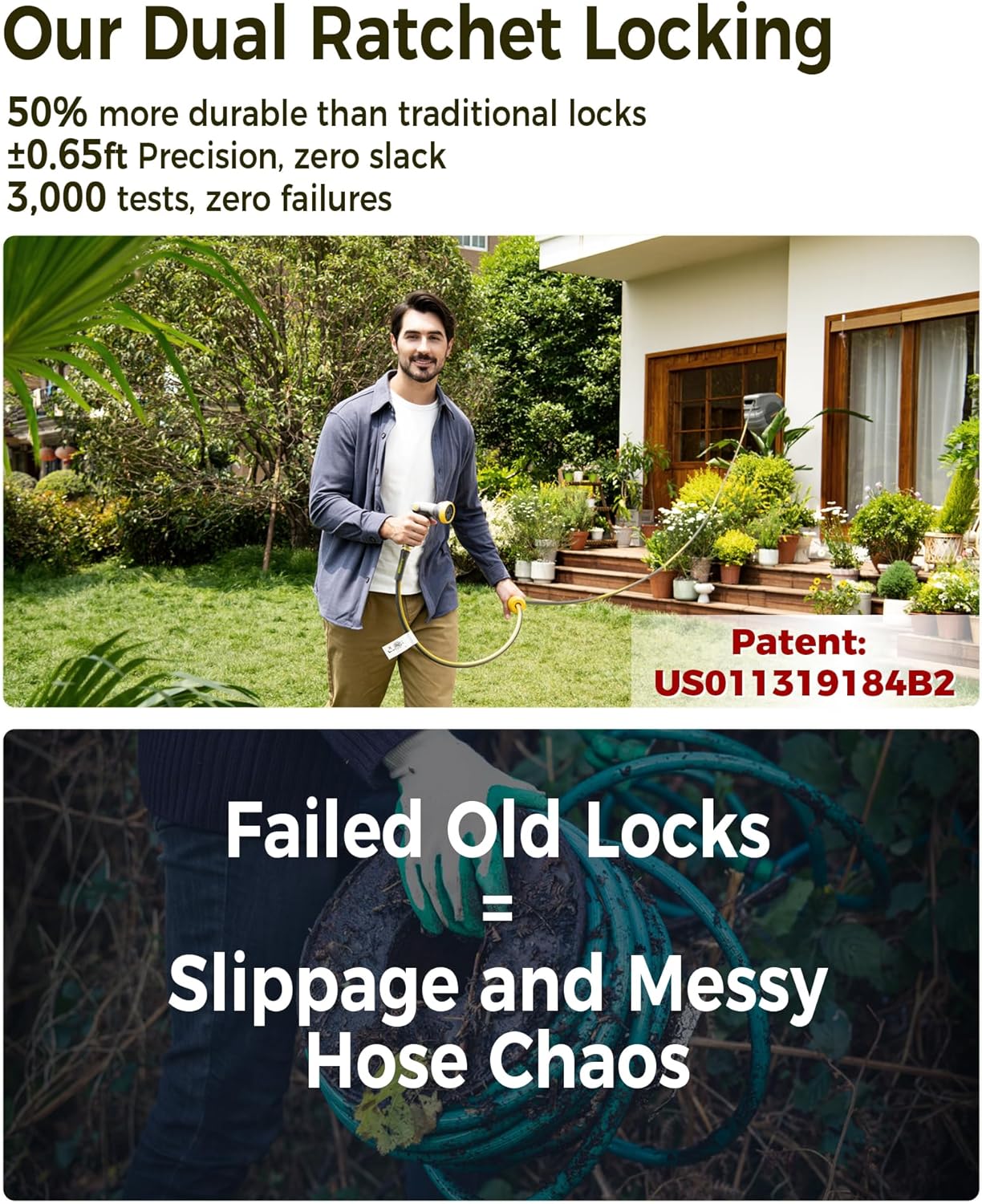 Retractable Garden Hose Reel 5/8 in x 65 ft, 2025 Upgraded Dual Ratchet Lock UV & Freeze Protection Brass Seal Slow Retraction Anti-Tangle Hose 180°Swivel Reinforced Scaffold Wall Mount