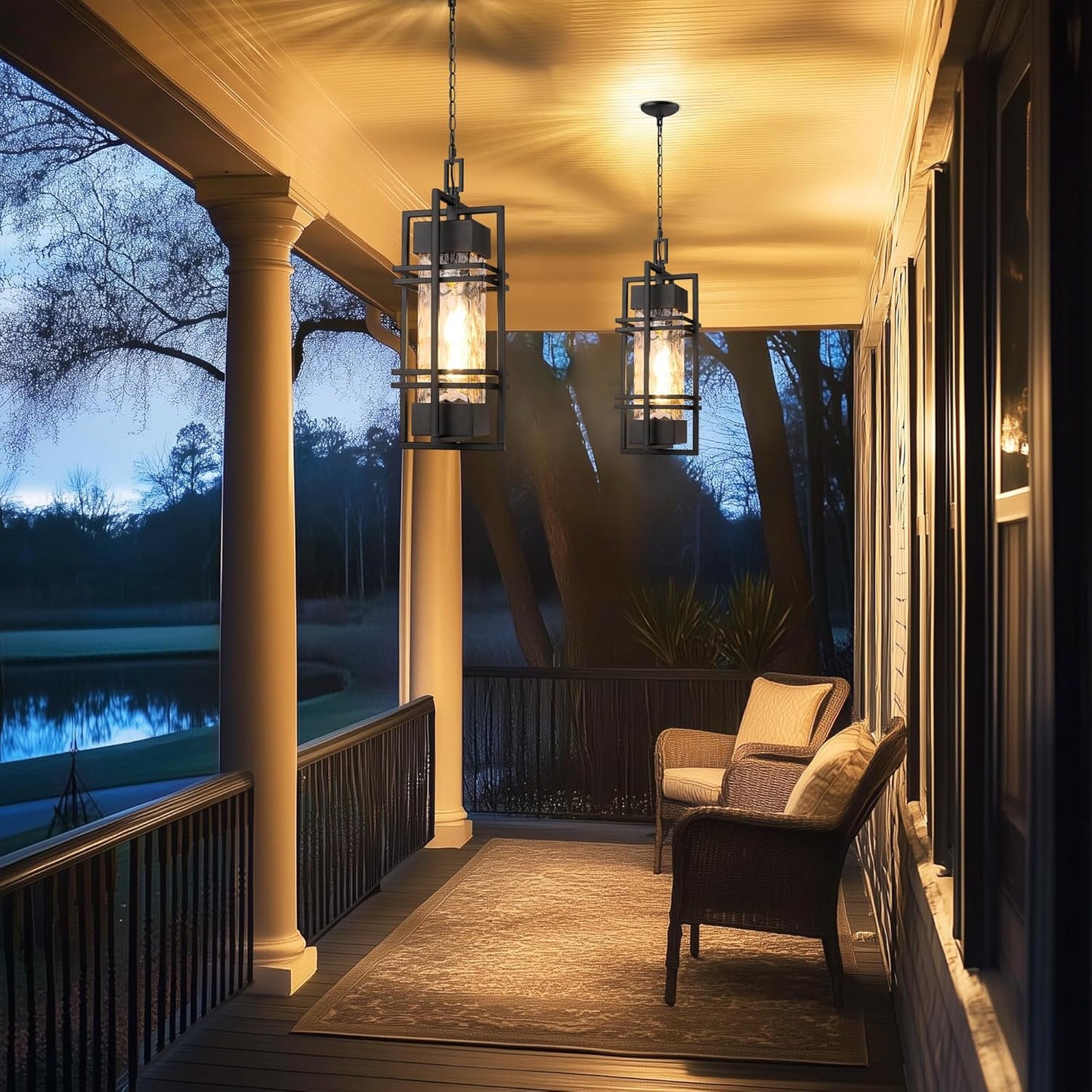 Large Outdoor Pendant Light Fixture, Modern Hanging Lantern Ceiling Mount, Anit-Rust Waterproof Chandelier Lighting Exterior with Stone Bubble Glass for Porch, Garage, Gazebo, Patio