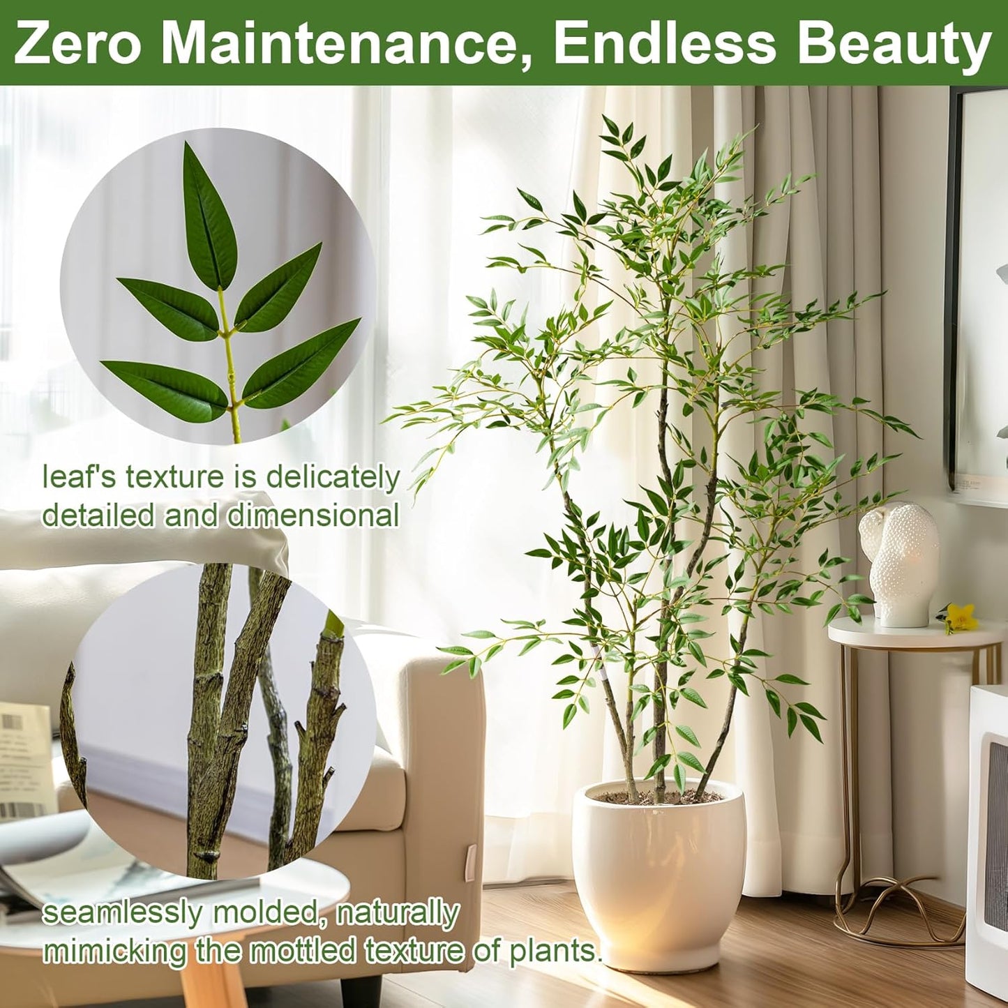 4.6ft Faux Bamboo Tree Artificial Nandina Tree Artificial Indoor Plants Realistic Fake Potted Tree with 800+ Leaves, Cement Planter - Home Office Decor Perfect for Housewarming Gift Non-Toxic