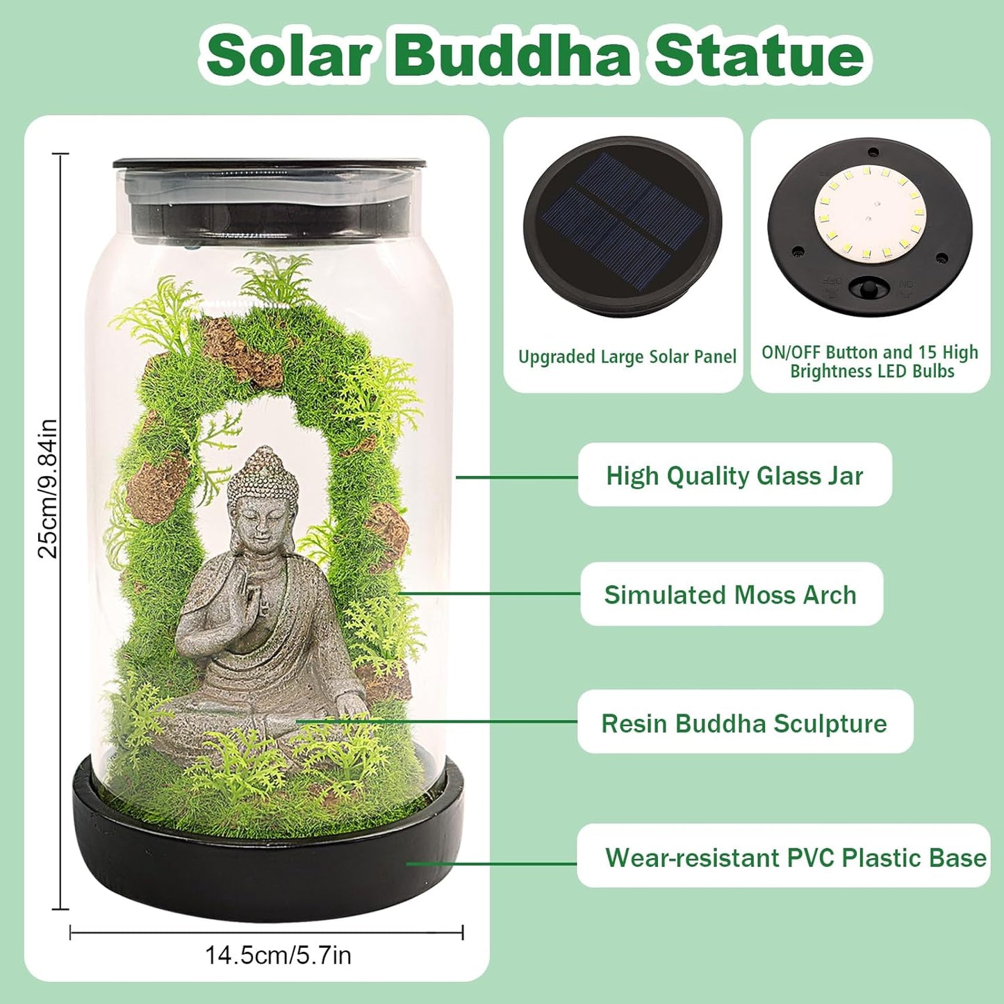 Solar Garden Buddha Statue for Home Decor - 9.8'' Zen Solar Lights Sculptures Decor with 15 LED, Sitting Meditating Buddha Serene Moss Figurine in Jar for Patio Lawn Yard Good Luck Housewarming Gifts