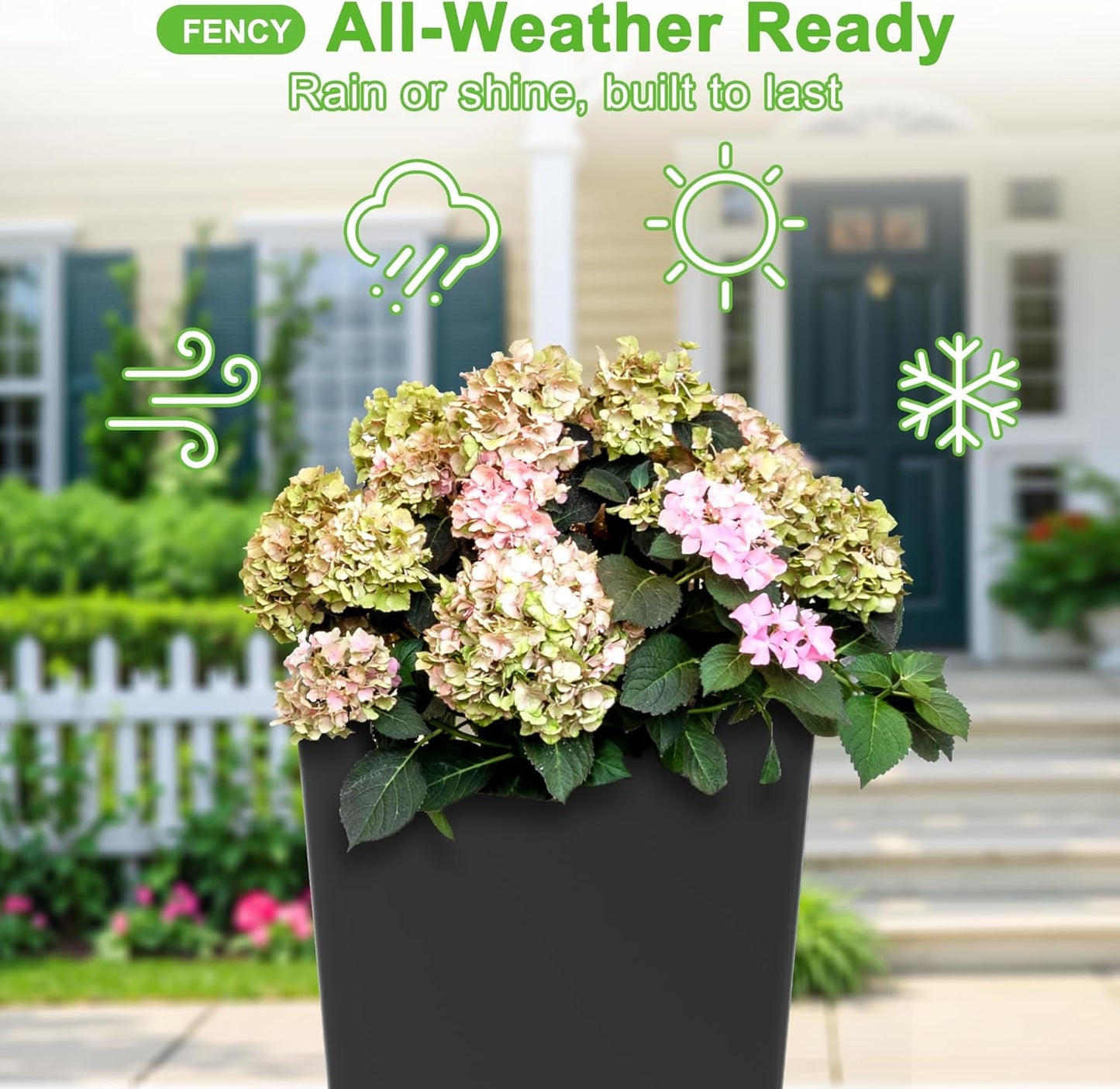 FENCY Set of 2 Tall Planters for Outdoor Plants, 24 Inch Large Tapered Pots with Drainage Trays, Weather-Resistant Plastic Plant Containers for Patio, Porch, Garden, Front Door Decor,Black