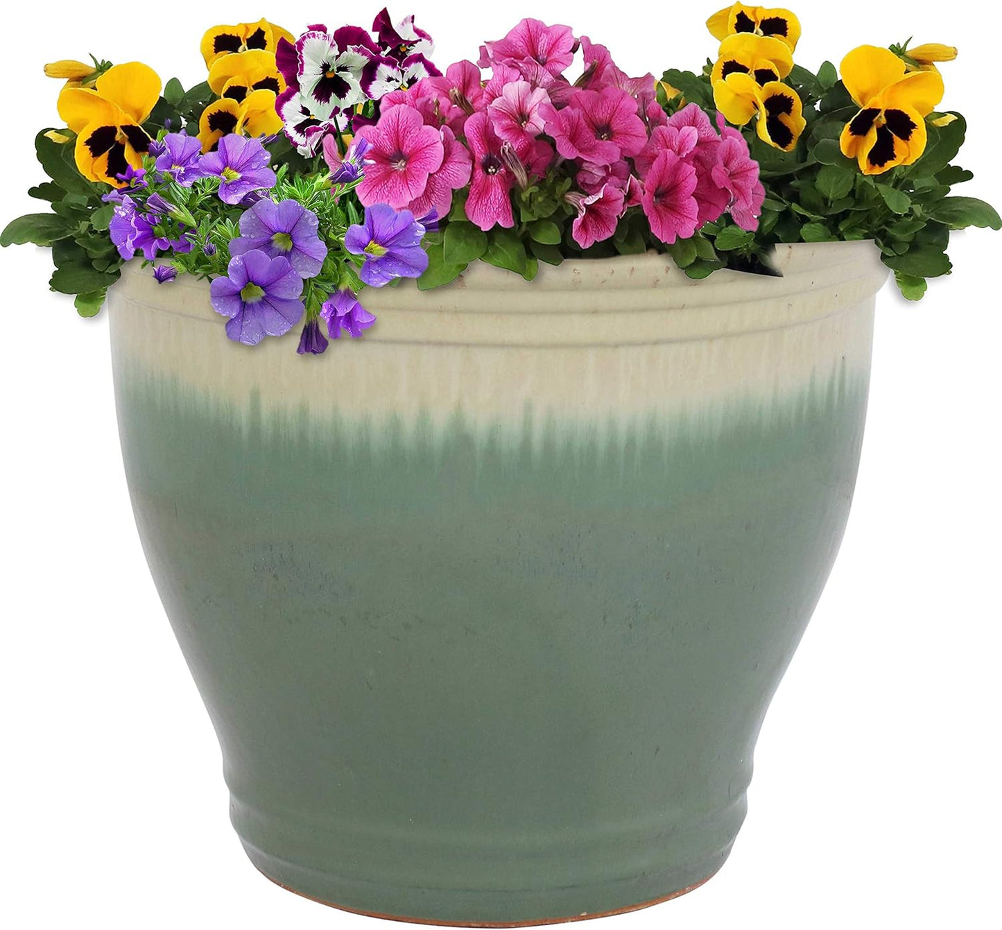 Sunnydaze Studio Large Ceramic Plant Pot - Round Outdoor Glazed Ceramic Planter Pot with Drainage - Seafoam - 14.5"