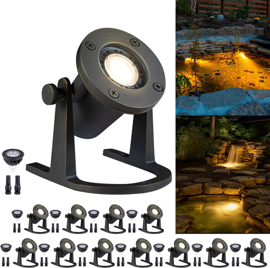 Solid Brass Underwater Pond Light - 12V Low Voltage IP68 Submersible Bronze Fixture, with 3000K MR16 LED for Outdoor Pond Fountain Waterfall Landscape Lighting(12 Pack)