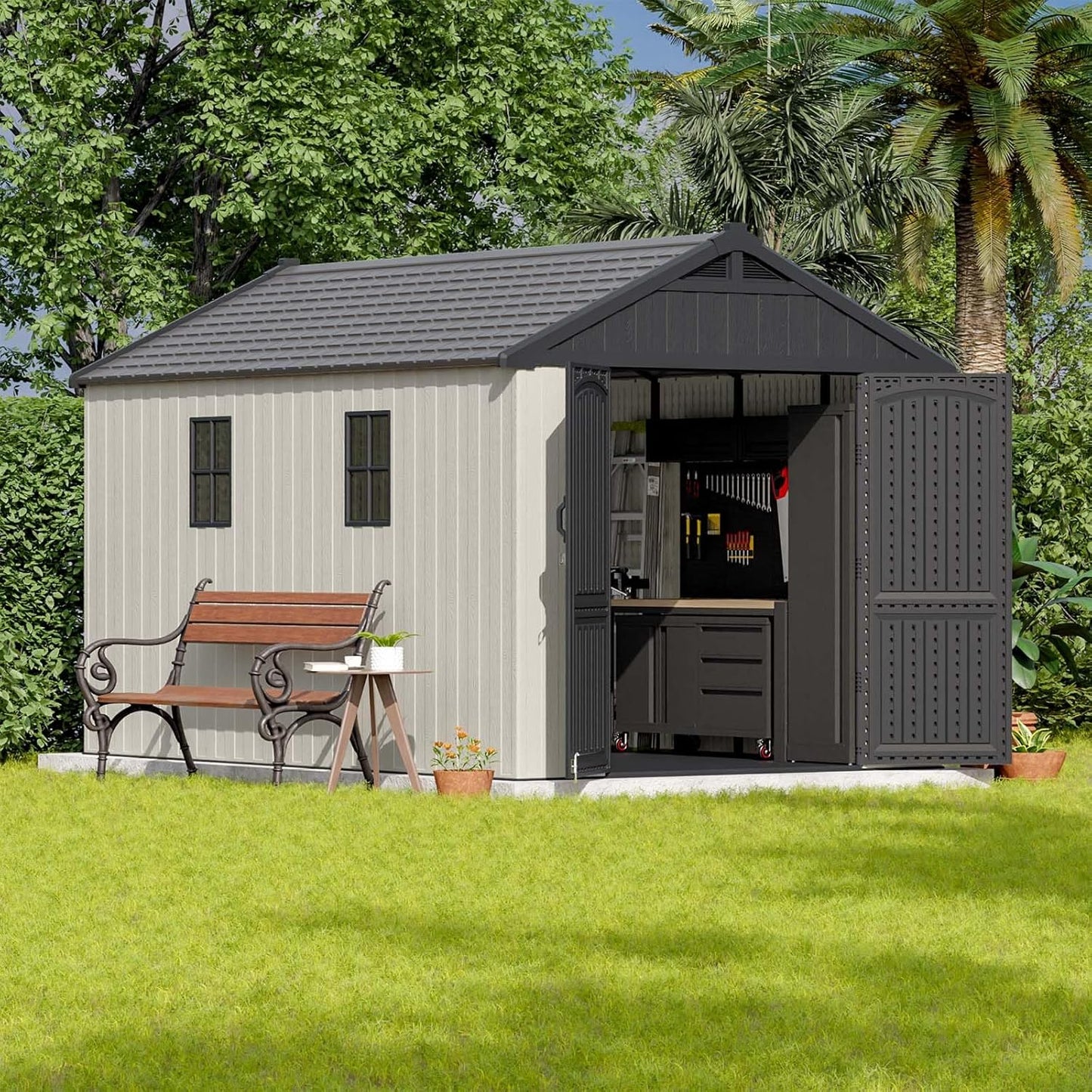 Patiowell 8 x 12 FT Plastic Outdoor Storage Shed with Floor, Resin Shed with Window and Lockable Door for Garden, Backyard, Tool Storage Use, Easy to Install in Beige (Kick-it Shed)