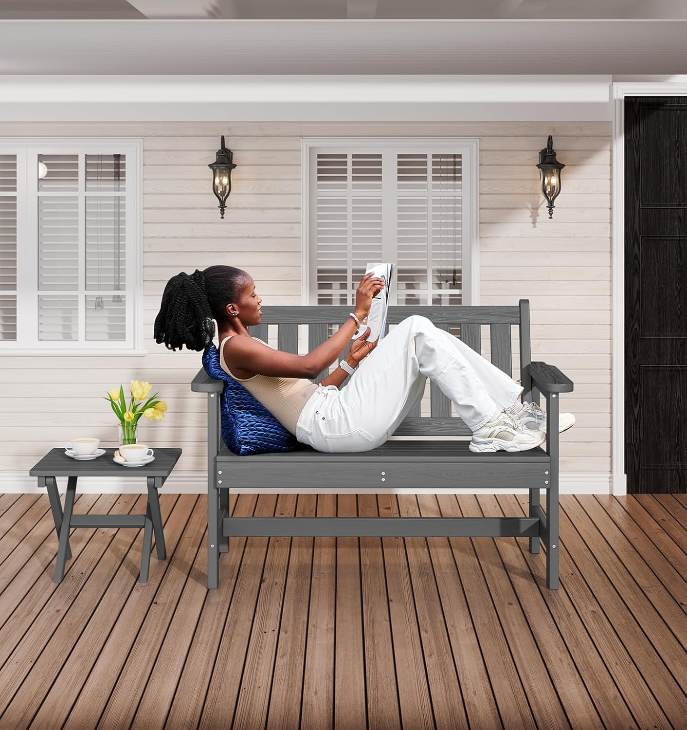 SERWALL Outdoor Bench, HDPE Outdoor Benches Weatherproof, 2-Person Garden Bench with 660 lbs Weight Capacity, Patio Benches for Outdoors, Garden, Porch, Backyard and Park, Grey, 2 Pack