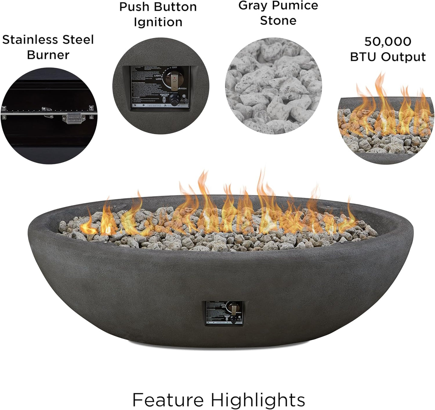 Real Flame Riverside 58" Oval Propane Fire Pit Bowl, Push-Button Ignition, Includes 28" Stainless Steel Burner, Lightweight 50,000 BTUs of Heat - Adjustable Flame Height