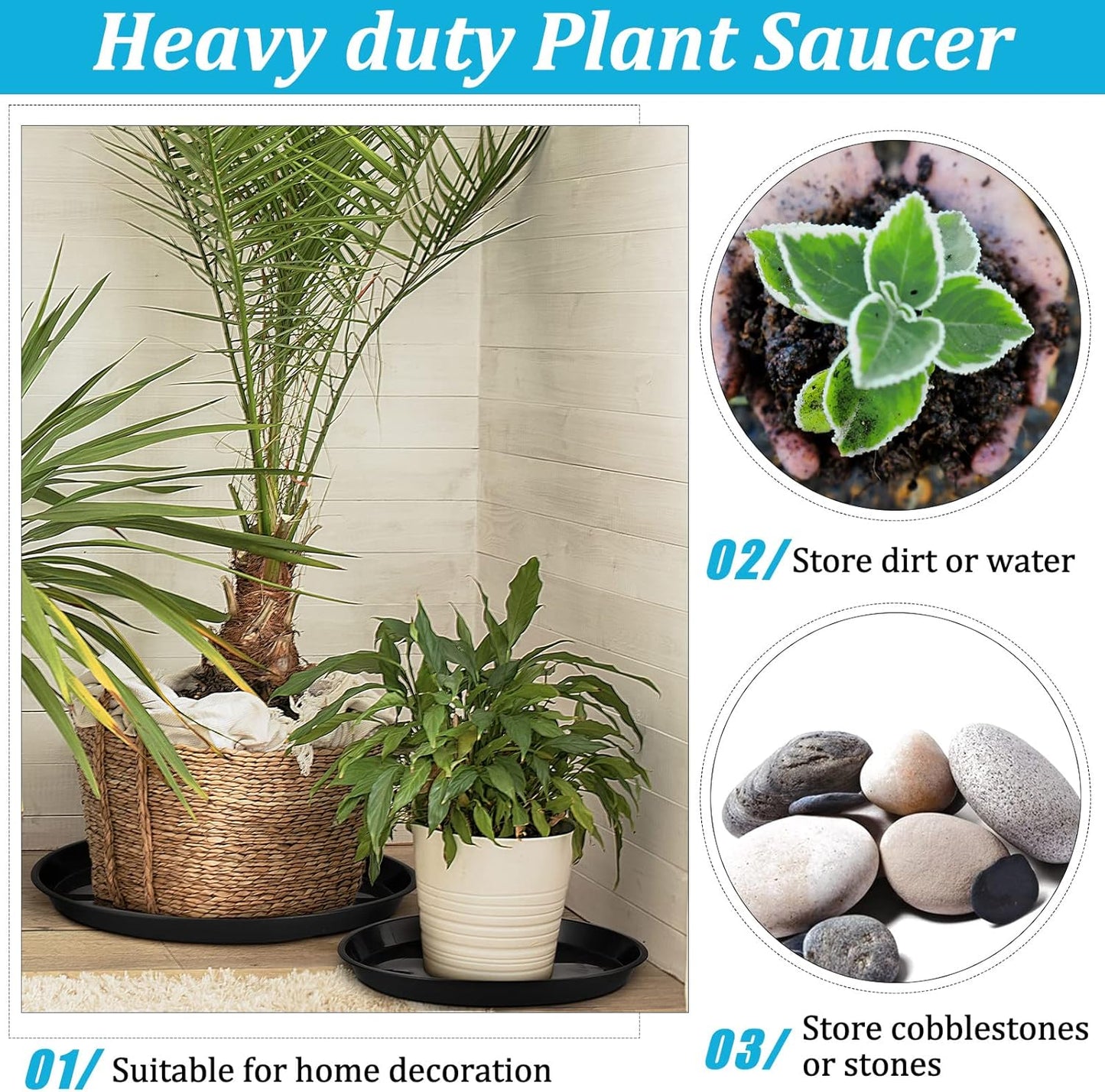 Eccliy 12 Pcs Plastic Plant Saucers Round Plant Tray Large Flower Pot Heavy Duty Planter Water Trays Thick Planter Drip Saucers for Indoors and Outdoors(16, 18 and 20 Inch,Black)